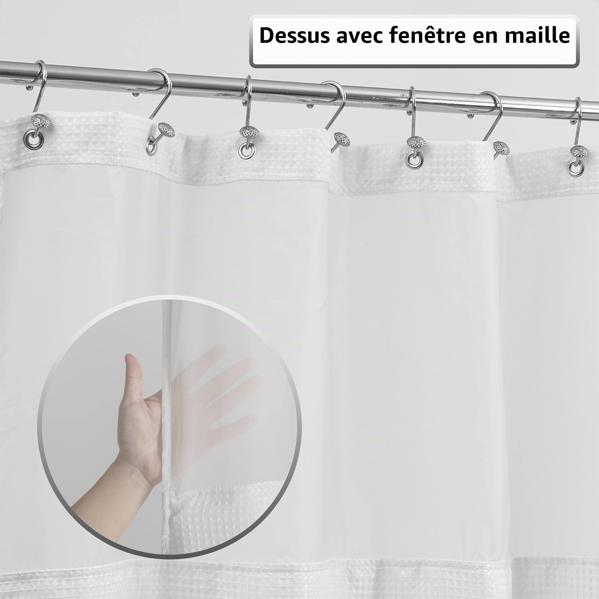 ALYVIA SPRING Rideau de Douche à Tissage gaufré avec Doublure en Tissu à Clipser et Crochets : Style hôtel et fenêtre Transparente, Double Couche et Lavable en Machine pour Un Nettoyage Facile, 180 x