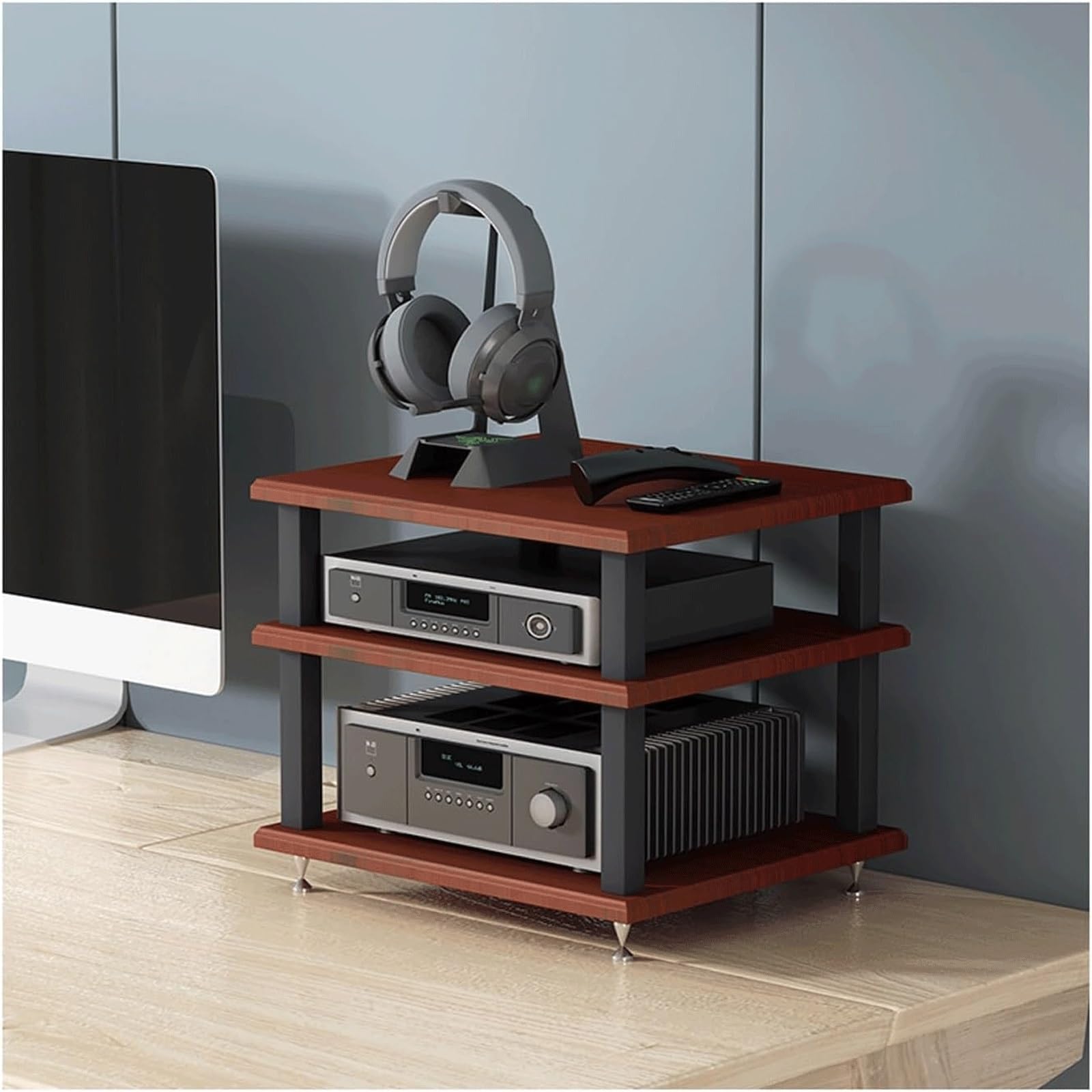 3 Tier Wooden HiFi Audio Rack -Stereo Equipment Shelf Audio-Video Storage Stand Stylish Brown Finish for Home Theater & Music Systems