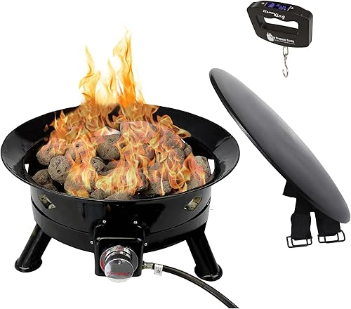 Flame King Cuenco portátil para fogata de propano sin humo, 24 pulgadas, 58 K BTU con escala de agarre de propano, autoencendedor, cubierta y
