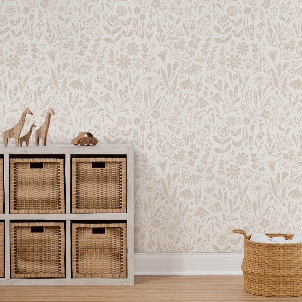 Peel & Stick Wallpaper 3ft x 2ft - Wildflowers Tan Cream Flowers Leaves Floral Modern Custom Removable Wallpaper by Spoonflower