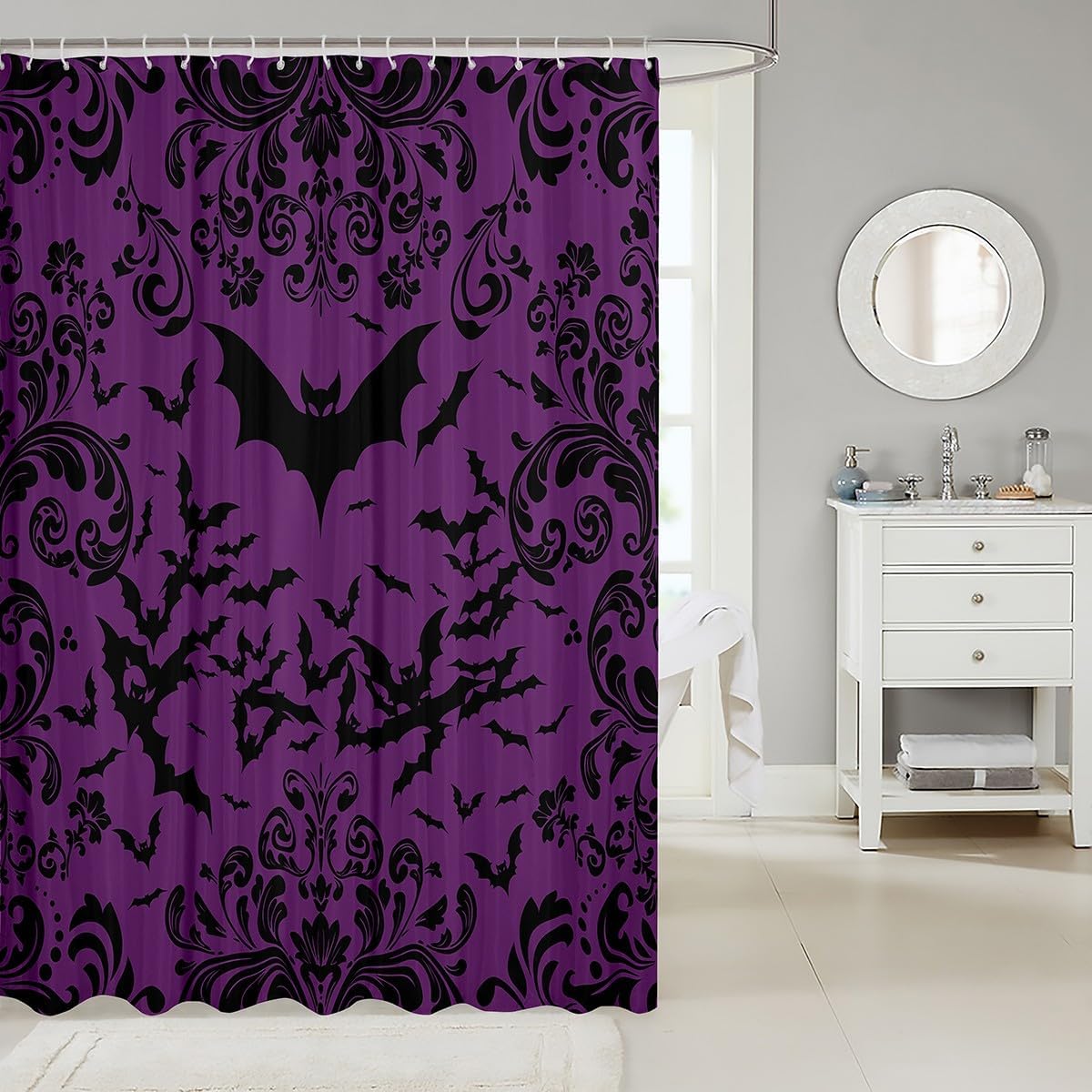 Erosebridal Halloween Bat 72" Wx78 L Shower Curtain for Girls Women,Purple Black Bats Bathroom Accessories Gothic Damask Flowers Bathroom Curtain Goth Floral Animal Halloween Decor for Shower