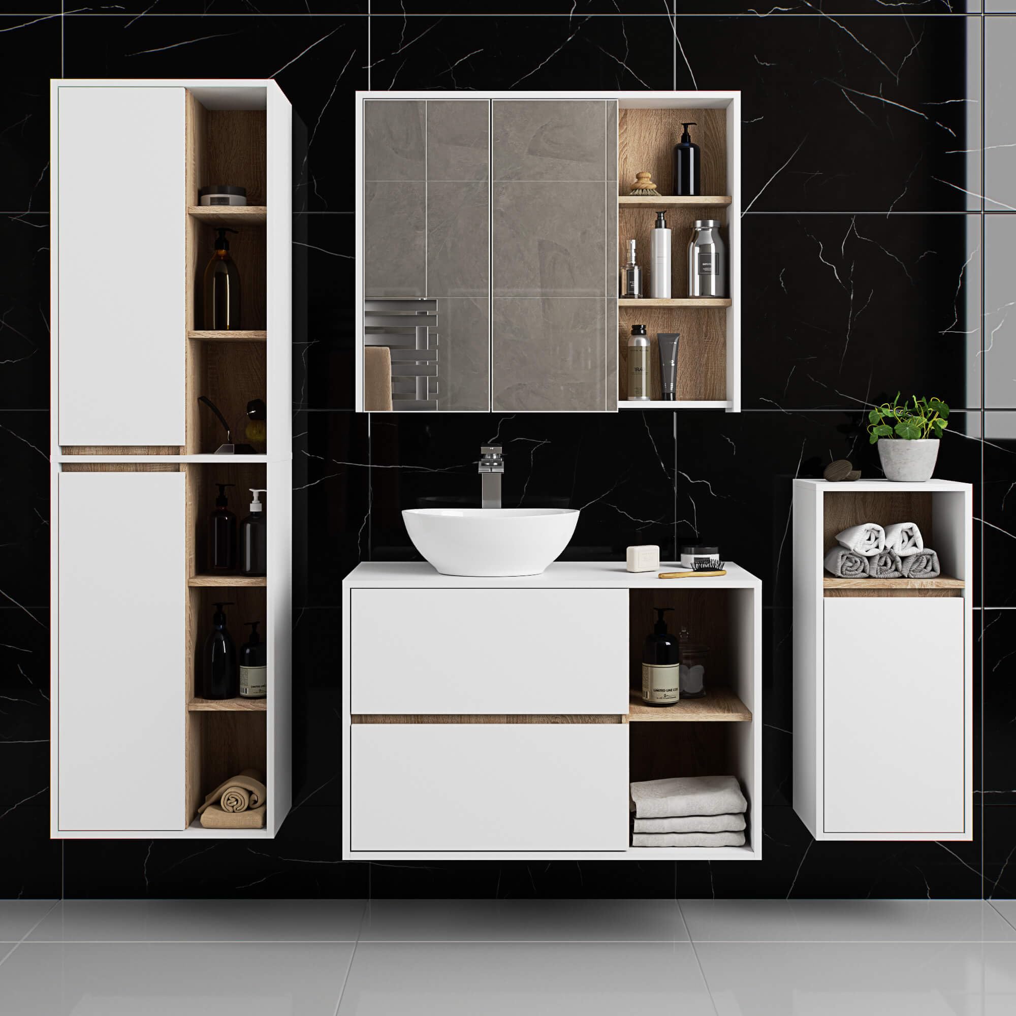 AKORD Colonne Salle de Bain Suspendue VAMI W50 - Meuble Mural 2 Portes, 10 Étagères - Rangement pour Cosmétiques et Serviettes, Fixation Murale - 50x170x30 cm - Blanc & Chêne Sonoma