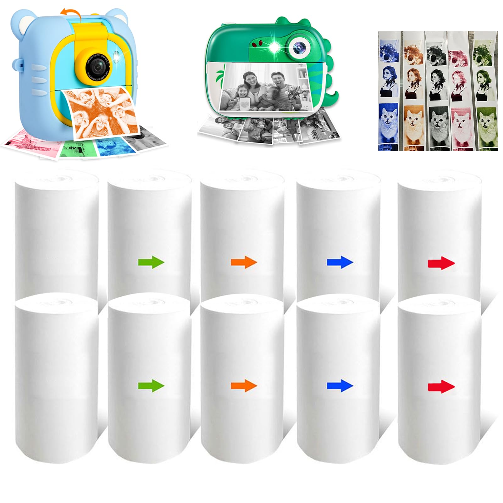 10 Rolls Multicolor Printer Paper for Kids Instant Print Camera, HD Printing Thermal Print Paper (Red/Orange/Blue/Green/Black)