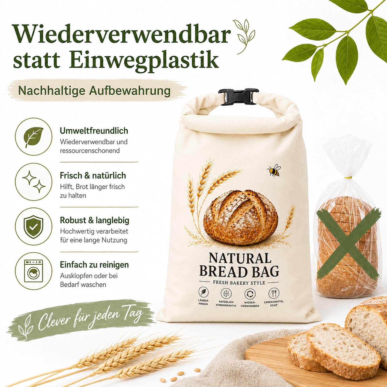 2 sacchetti per il pane in cera d'api, 42 x 33 cm, riutilizzabili, in cotone e TPU, con chiusura a clip, per pane, toast, baguette, panini, croissant, bagel e prodotti da forno