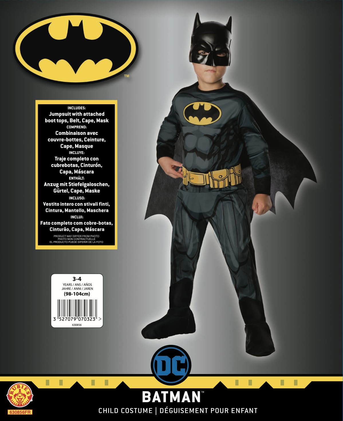 RUBIES - DC Officiel - BATMAN - Déguisement Classique pour Enfants - Costume avec Combinaison Imprimée, Ceinture, Couvre-Bottes, Cape Détachable et Masque en PVC Inclus