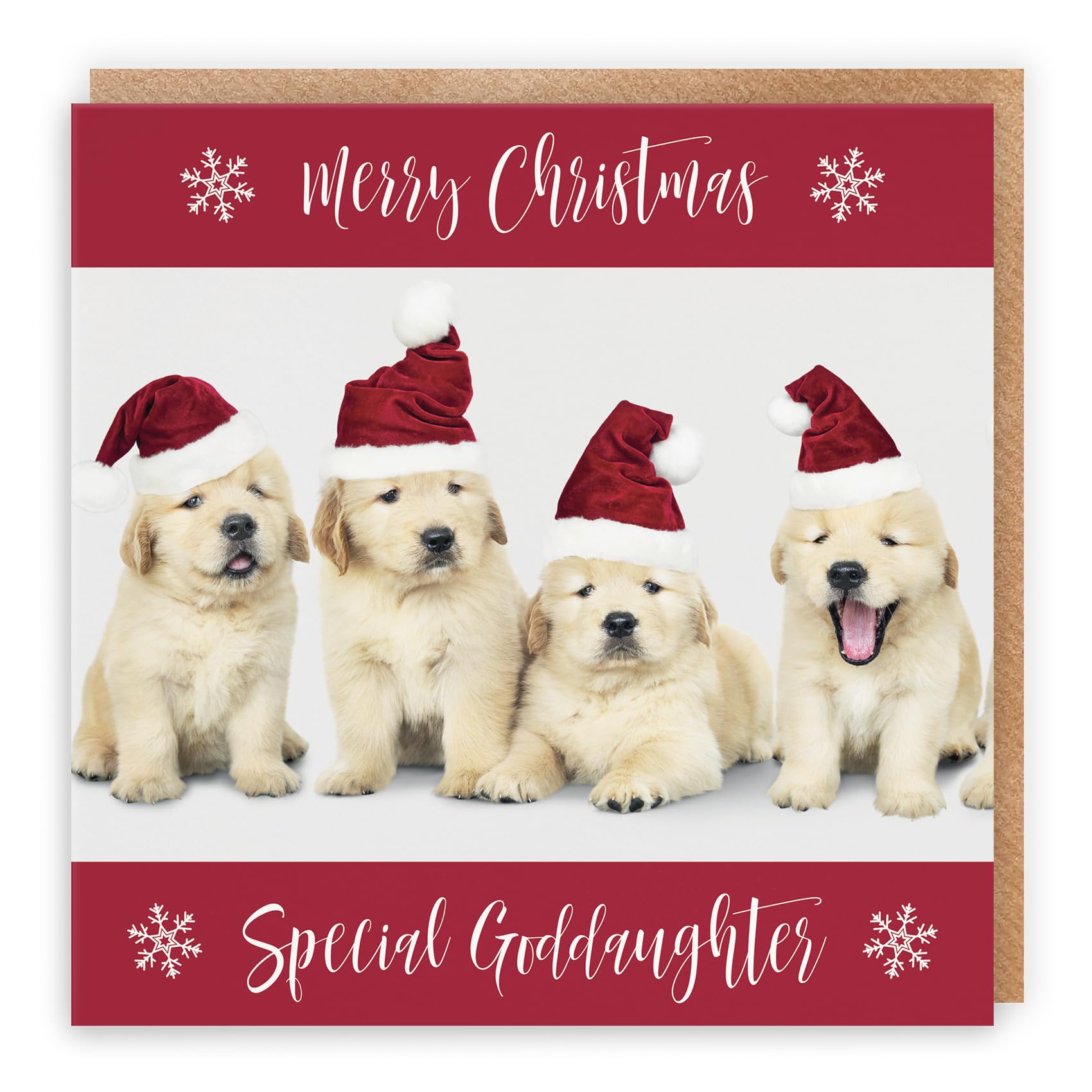Hunts England - Goddaughter Christmas Card - Special Goddaughter - Puppy Collection - Fun Xmas Card, Red, 148 x 148 mm