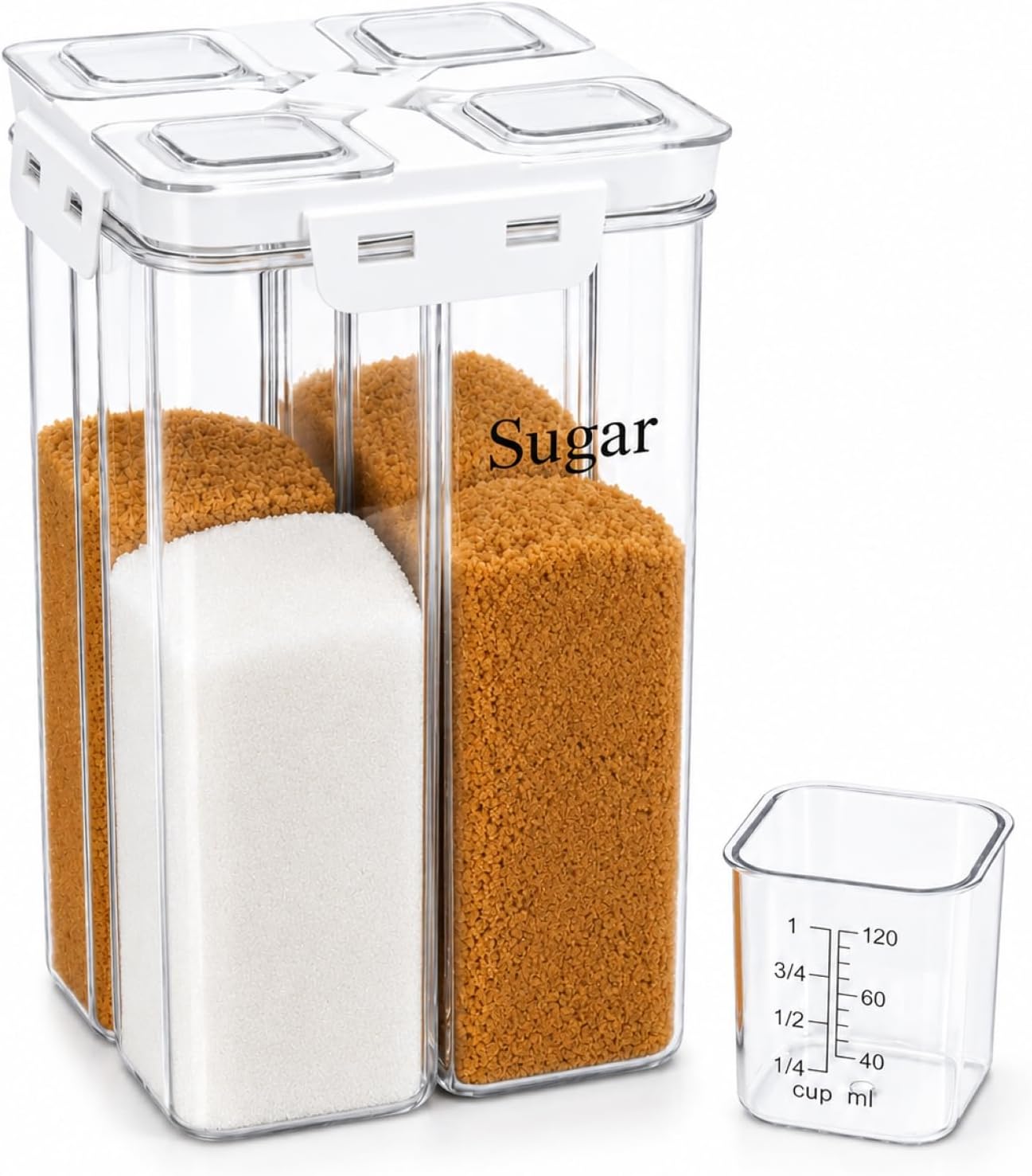 Brown Sugar Keeper, 3.1 Quart Cereal Containers Storage with Measuring Cup, 4 Compartments Removable Partition, Canisters Sets for The Kitchen, Clear Airtight Food Storage Containers with Lids