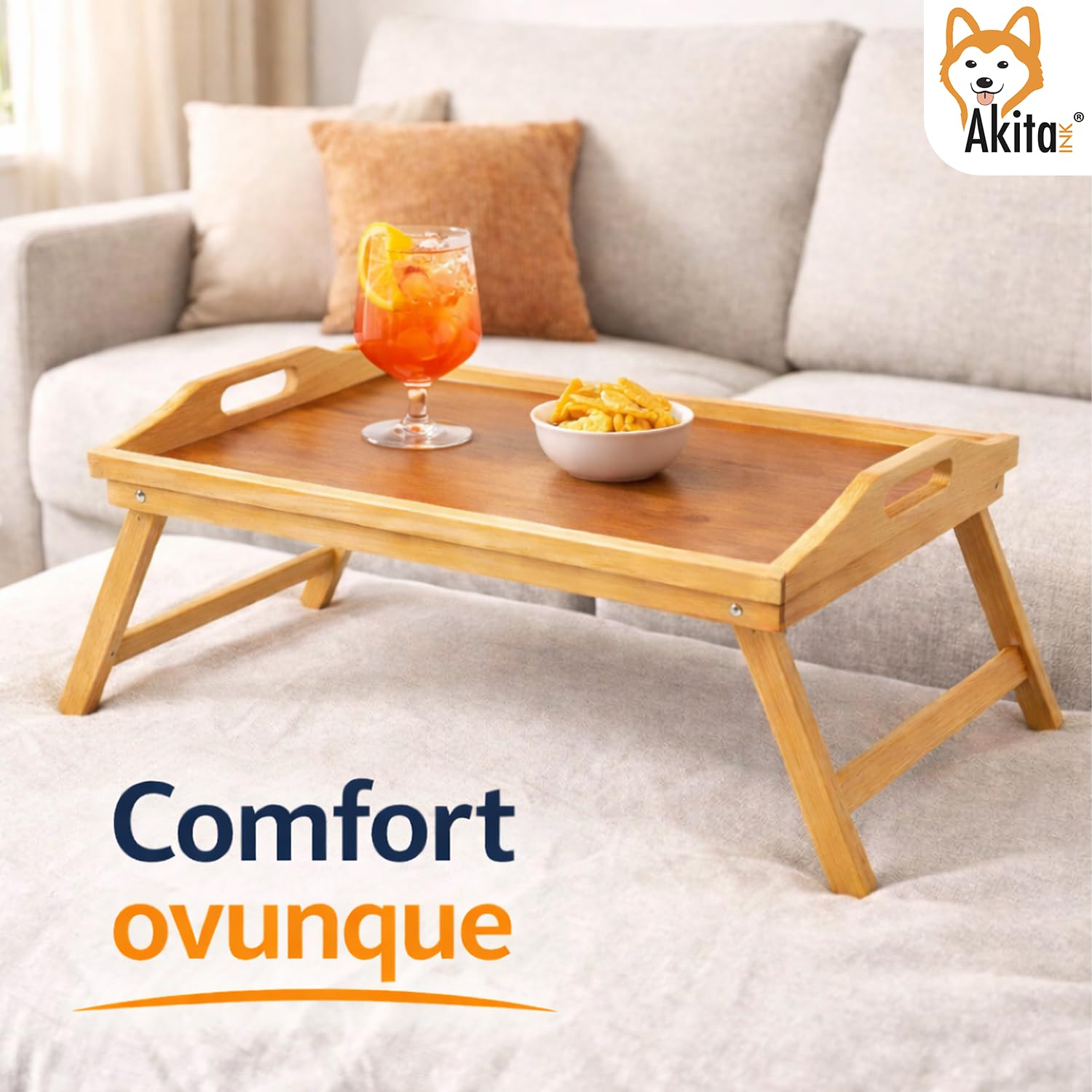 Vassoio Tavolino da Letto Pieghevole in Bamboo 50x30 cm - Tavolino per Colazione con Maniglie, Gambe Richiudibili, Ideale per Letto, Divano e Pc