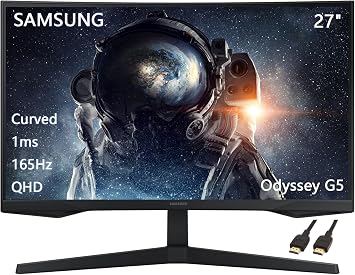 Samsung 27" Odyssey G55C Series QHD 1000R Curved Gaming Monitor, 165Hz, 1ms, HDR10, AMD Radeon FreeSync, Eye Care, Black, with HDMI Cable