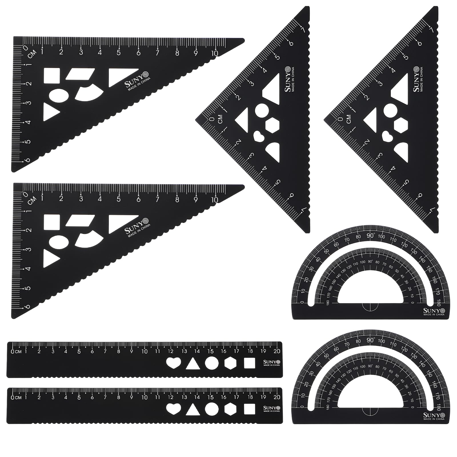 sourcing map 8pcs Triangular Ruler Set 20cm Aluminum Alloy Straight Geometric Protractor Triangle Engineering Scale Drafting Ruler Kit Measuring Drawing Tool for Classroom Office Home, Black