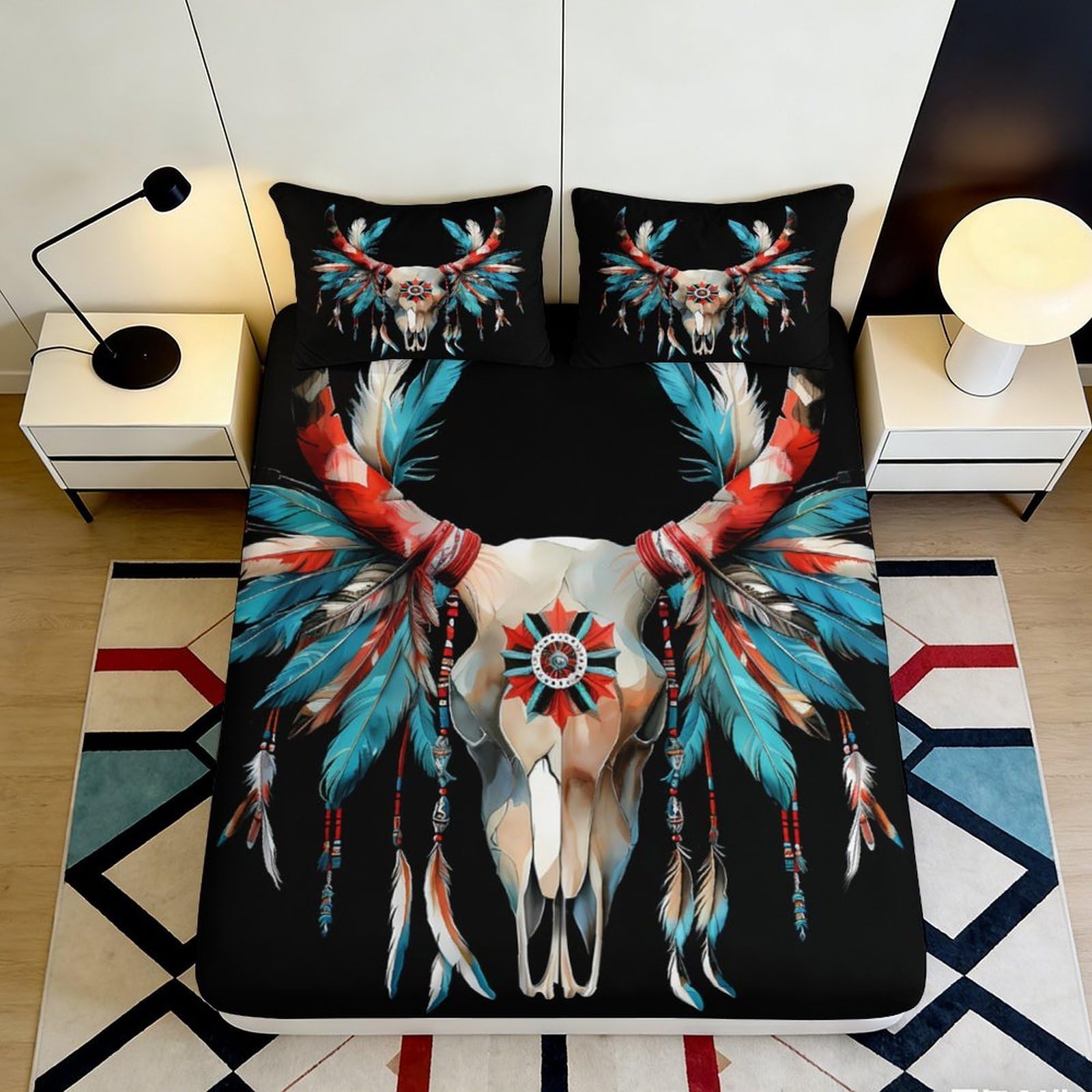 3D Printed Tribal Bull Skull Fitted Sheet Microfiber Soft Breathable Feather Pattern Bed Cover for Bedroom Guestroom 90x200x25cm