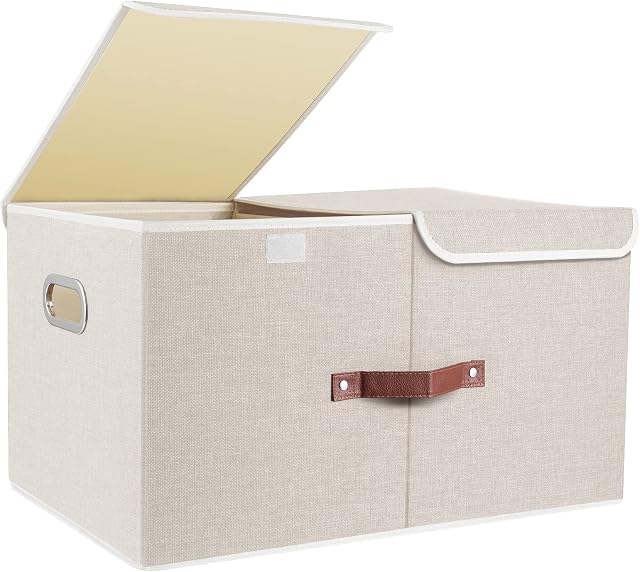 TYEERS Extra Large Storage Box with Lids and Compartments, Collapsible, Washable, Fabric Box with Lid for Clothes, Wardrobe Storage, Toy Storage - Set of 1 - Beige
