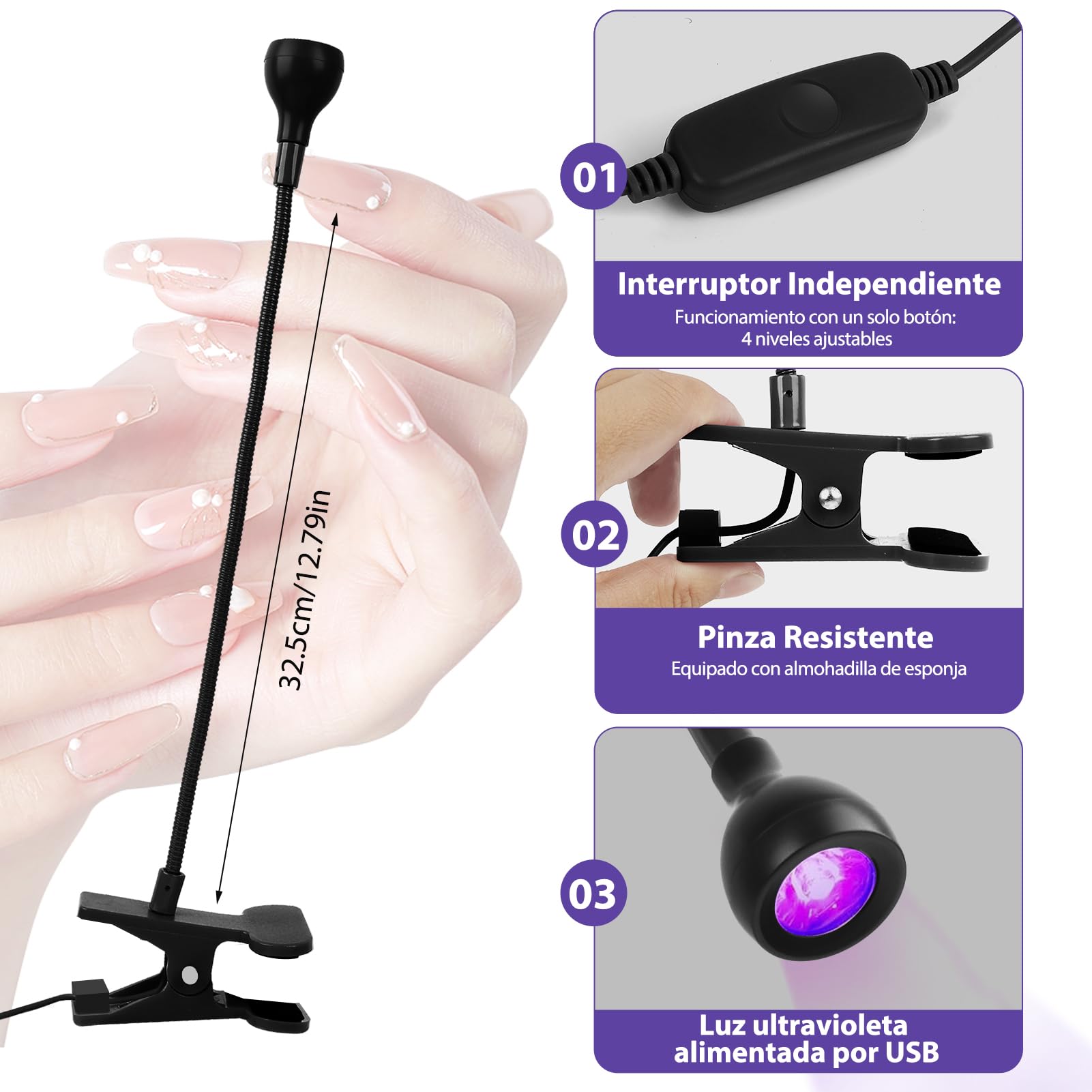 Lámpara de Uñas UV 5W LED Mini para Uñas de Gel Curado Rápido USB Ultravioleta con Clip Negro