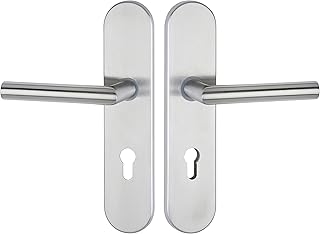 JUVA Haustürbeschlag Edelstahl Tür-Schutzbeschlag Wohnungstür Türbeschlag - HE10000 | Drücker - Drücker | DIN 92 mm | Langschild mit Anbohrschutz | 1 Türgarnitur Set inkl. Befestigungsmaterial