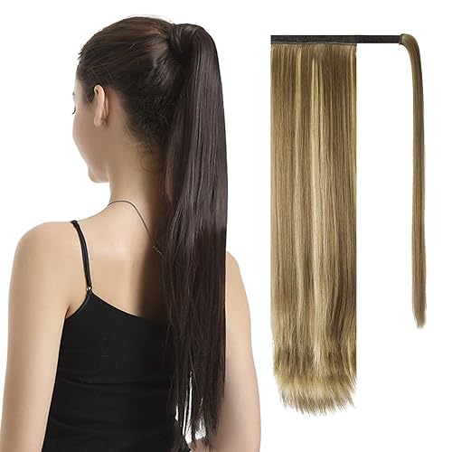 BARSDAR Extensión de cola de caballo de 30 pulgadas, cabello largo y recto con clip de fibra sintética para mujer, color castaño medio ceniza y