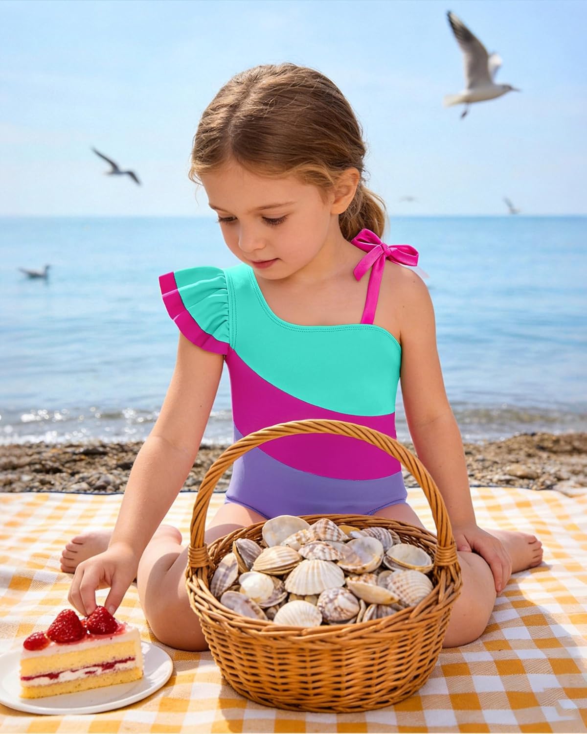 Redair Toddler Girl One Piece Swimsuit Color Block with Ruffled Sleeve Straps Swimwear Bathing Suit for Baby Girl 12M-6Years - Image 7