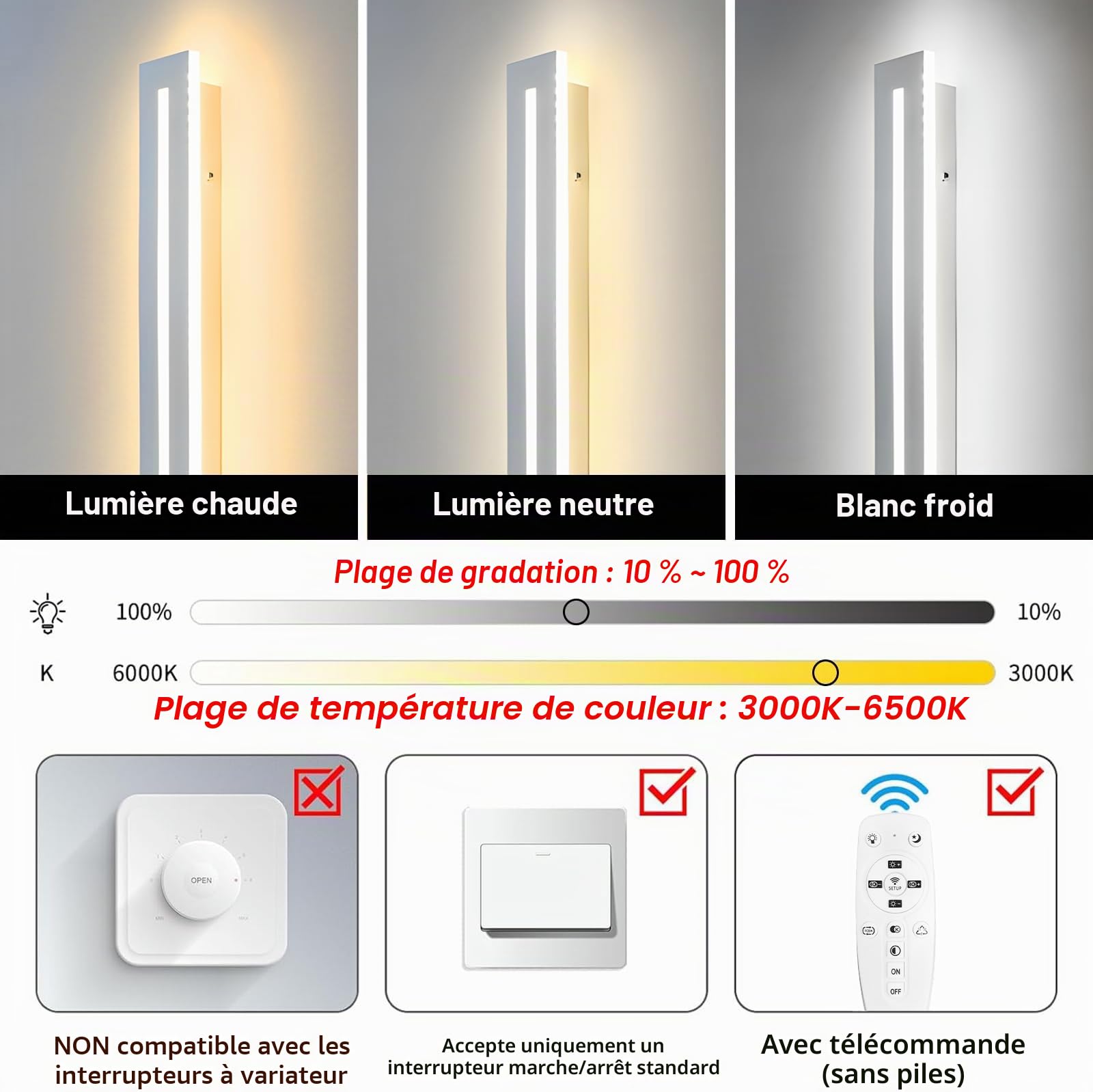 Applique Murale Intérieure,30W Lampe Murale Dimmable Blance 120CM