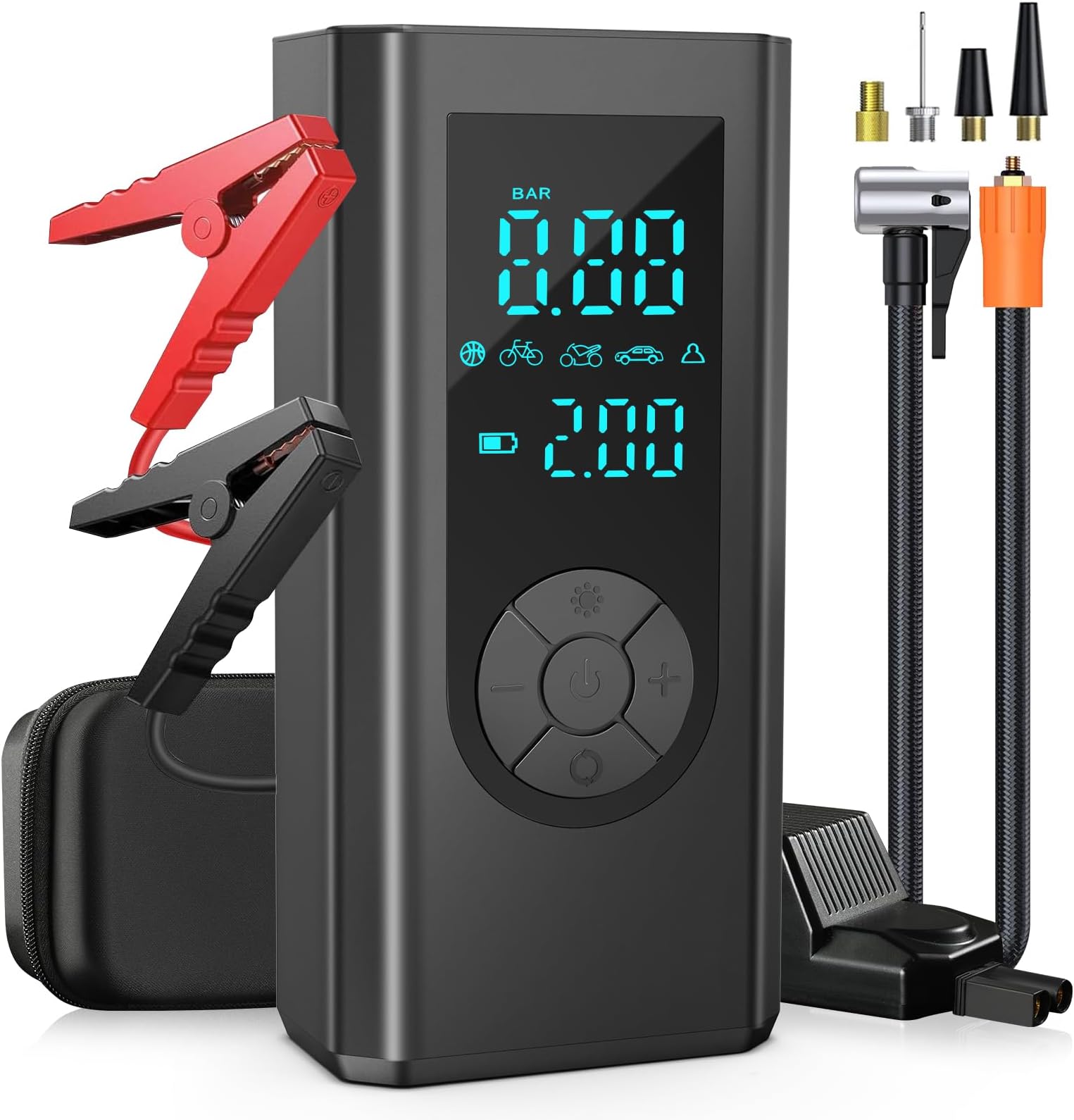 Power Pack 5-in-1 Car Battery Booster Jump Starter (12V 8.5L Gas/7.5L Diesel), 3000A Power Bank with Digital Display and Tyre Inflator