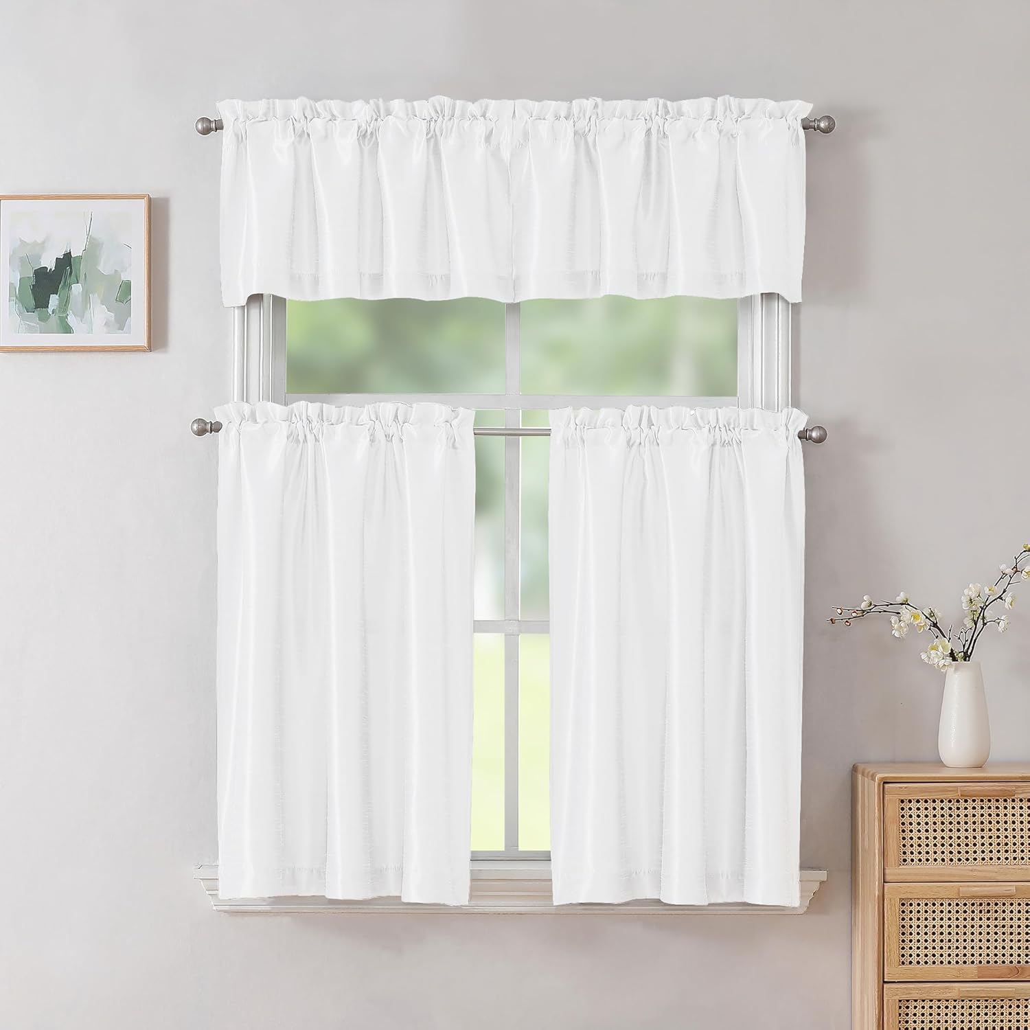 Chyhomenyc Uptown White Kitchen Curtains 30 Inch Length, Light Filtering Faux Silk Slub Textured Cafe Curtains, Elegant Short Drapes for Bathroom Bedroom Small Windows, Each 30Wx30L Inch, 2PCS White 30"W x 30"L (Pack of 2)