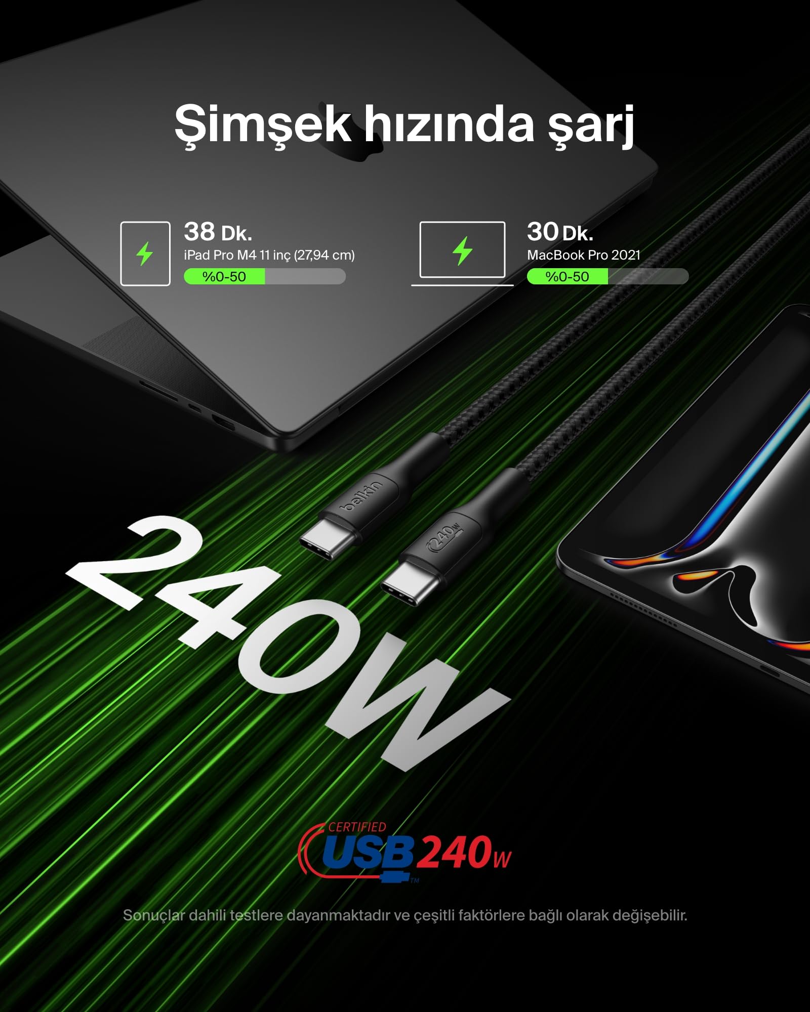Belkin Eco Örgülü USB-C - USB-C Kablosu, 3 m, 240 W, Yumuşak, Esnek Hızlı Şarj Kablosu, iPhone 16, Galaxy S25, Pixel 9, MacBook, iPad Pro ve Daha Fazlası için Tip-C Şarj Kablosu - Siyah (USB 2.0)