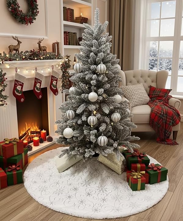 AOGU 48 Inch Sequin Faux Fur Christmas Tree Skirt for Christmas Tree Decorations White Plush Silver Sequin Snowflake Tree Skirt by AOGU - Image 3