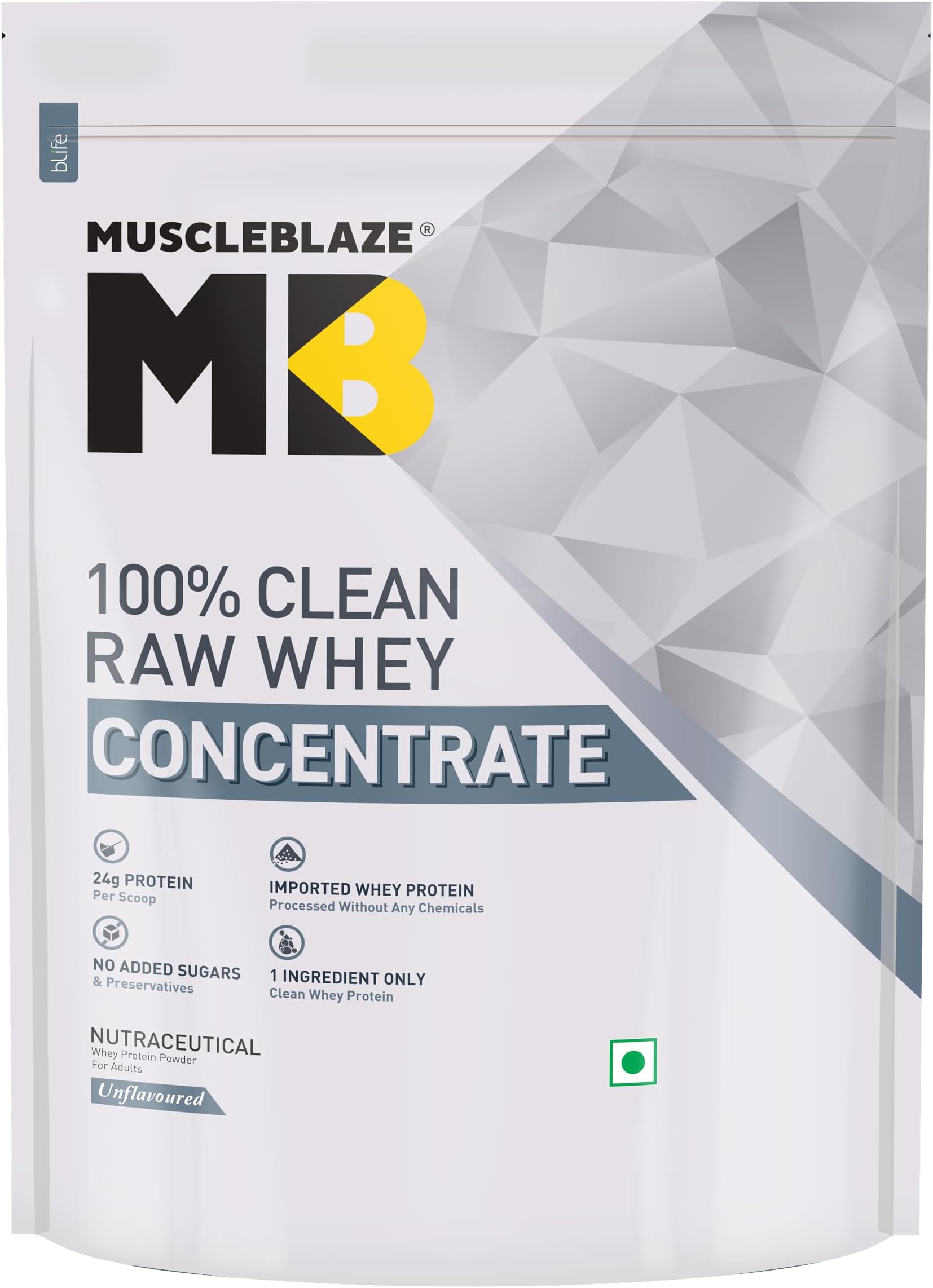 MuscleBlaze 100% Clean Raw Whey Protein Concentrate (Unflavoured, 1kg) | 24g Protein per Scoop | Easy to Digest