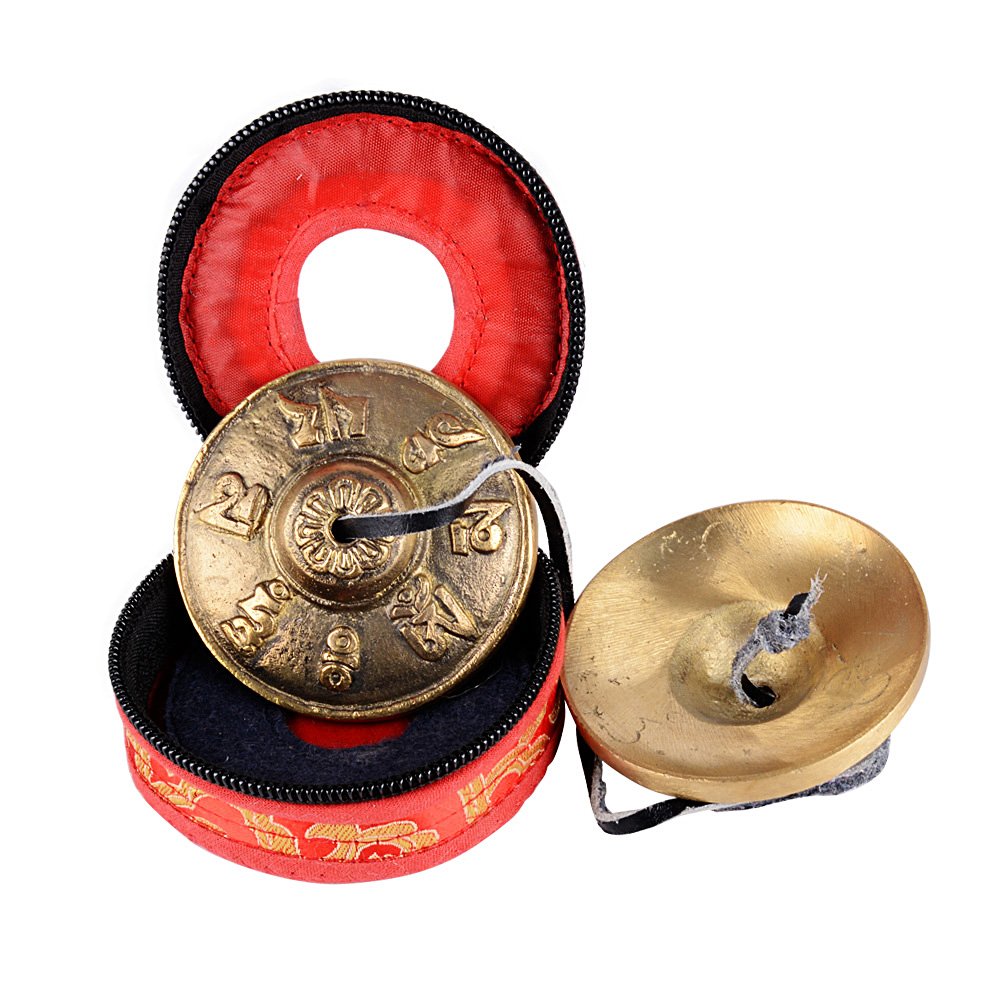 6,5cm Campana Tibetana + Caja de transporte Campana de Platillo de Bell con Símbolos de Suerte para Tingsha Meditación Yoga