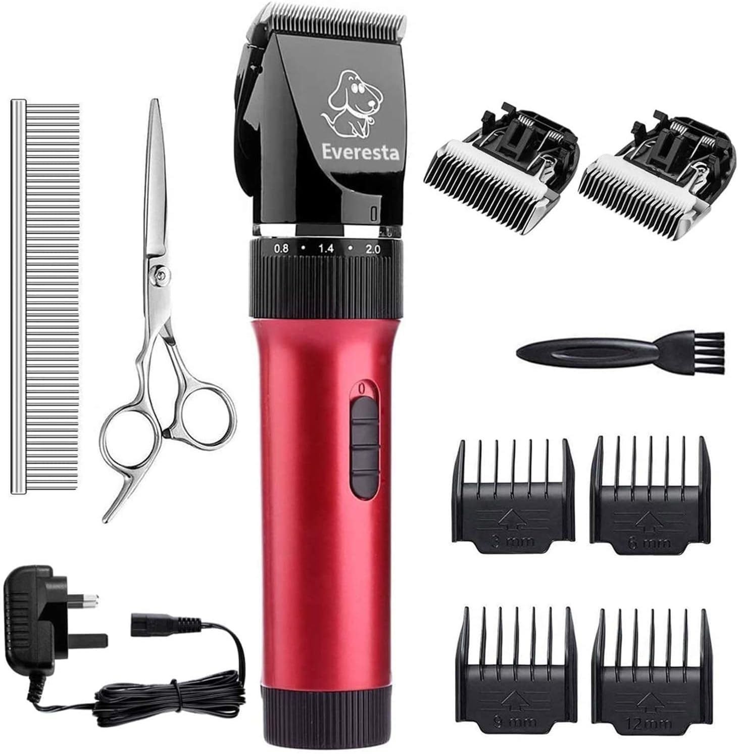 Dog Clippers, Everesta Low Noise Rechargeable Cordless Pet Dogs and Cats Electric Grooming Clippers Kit with Shears and Comb(2 Blade) (Red)