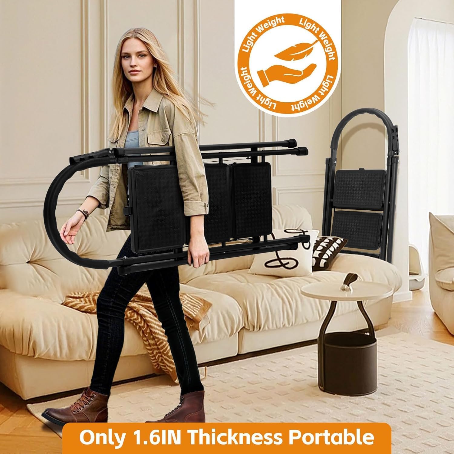 3 Step Ladder, Folding Step Stool with Wide Anti-Slip Pedal, Sturdy Step Ladder Foldable, Lightweight Portable Steel Step Stool for Kitchen, Home (Dark Grey, 3-Step)