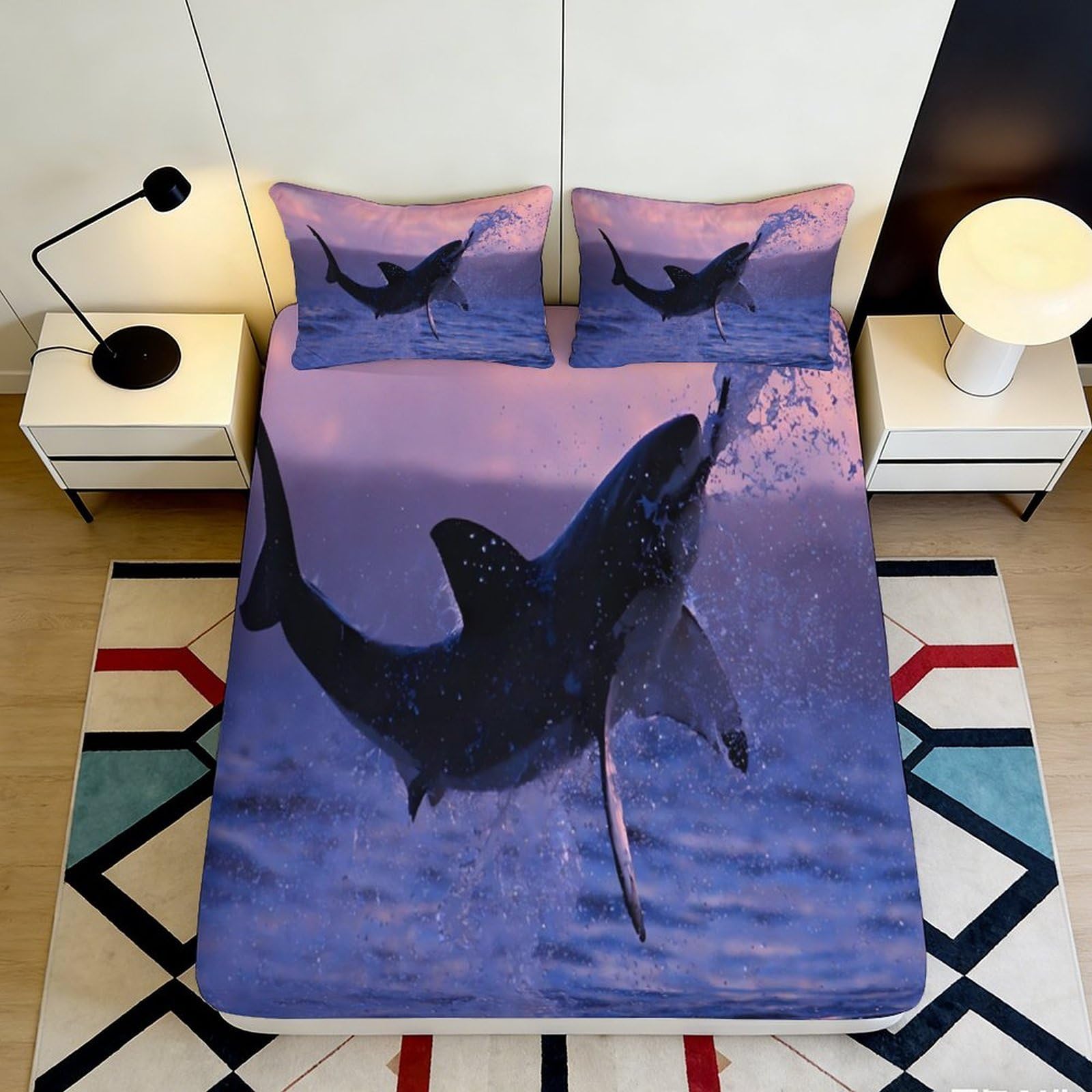 3D Printed Ocean Shark Fitted Sheet Microfiber Soft Breathable Sea Wave Bed Cover for Bedroom Dorm Mattress Protection Decor 90x200x25cm