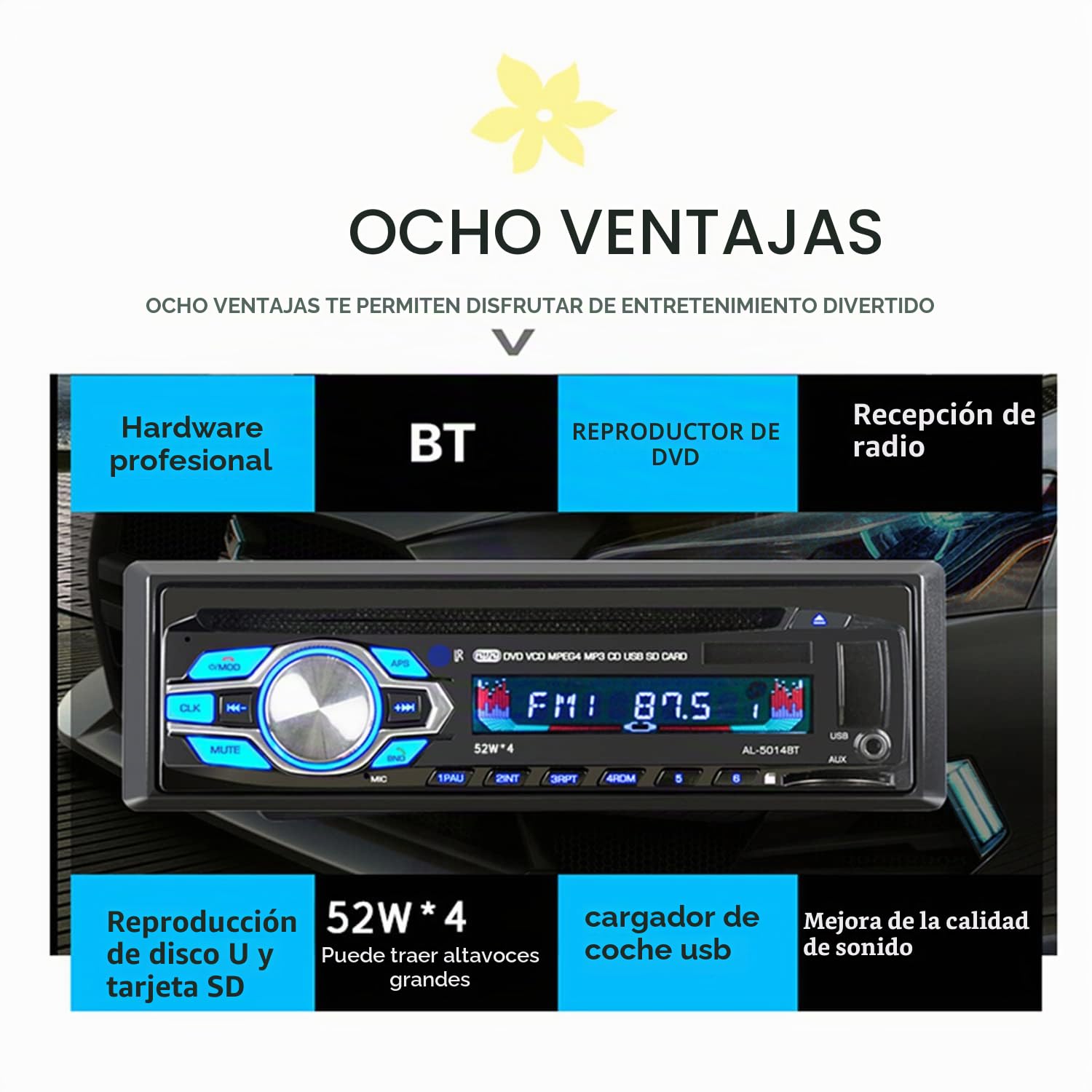 Reproductor de Radio para Coche MP3 1 DIN 12V estéreo para Coche con Bluetooth DVD CD Coche Manos Libres Autoradio BT Audio Radio con Mando a Distancia inalámbrico
