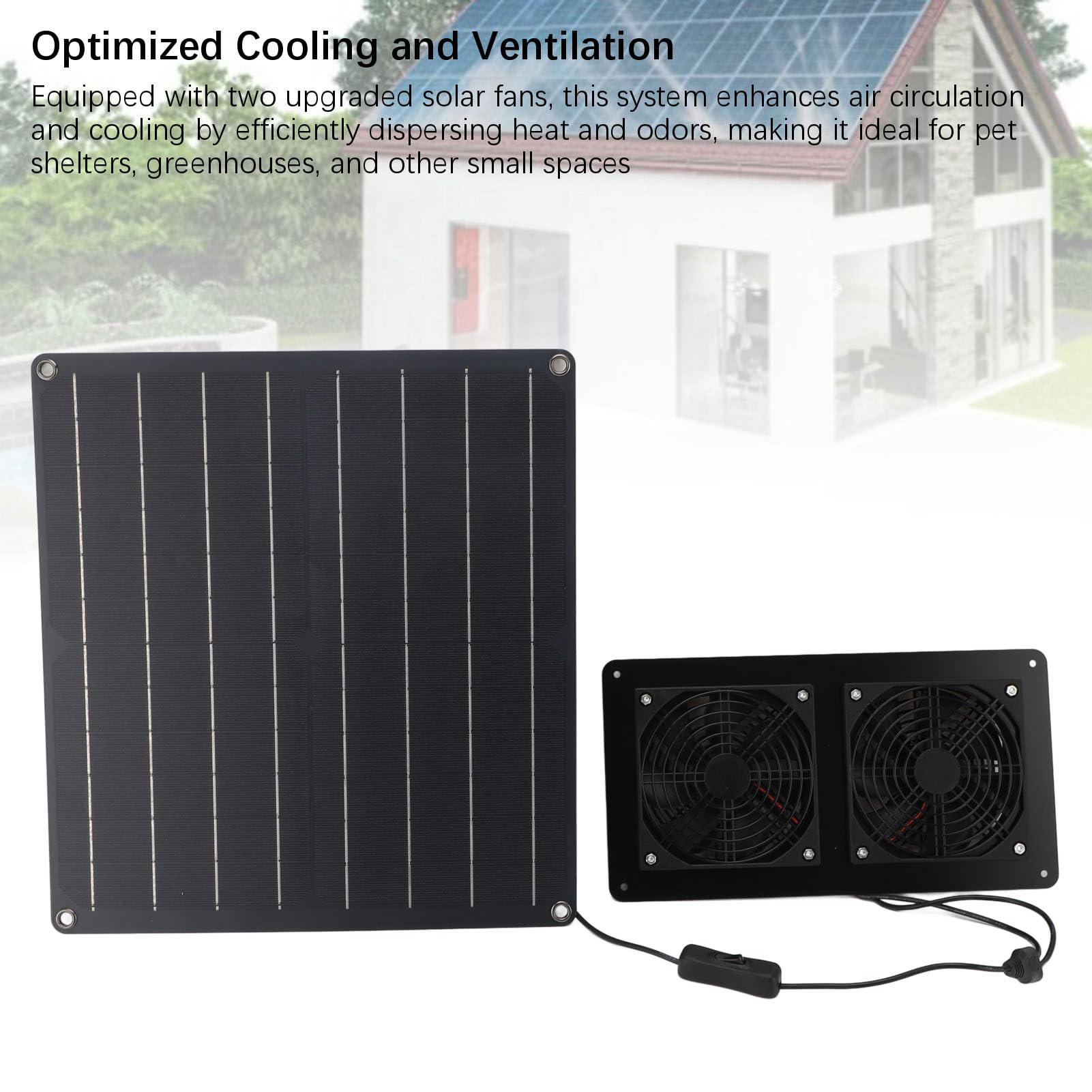 Ventilatore a energia solare 20 W, ventilatore a pannello solare con controllo interruttore per casa animali domestici, serra, pollaio all'aperto