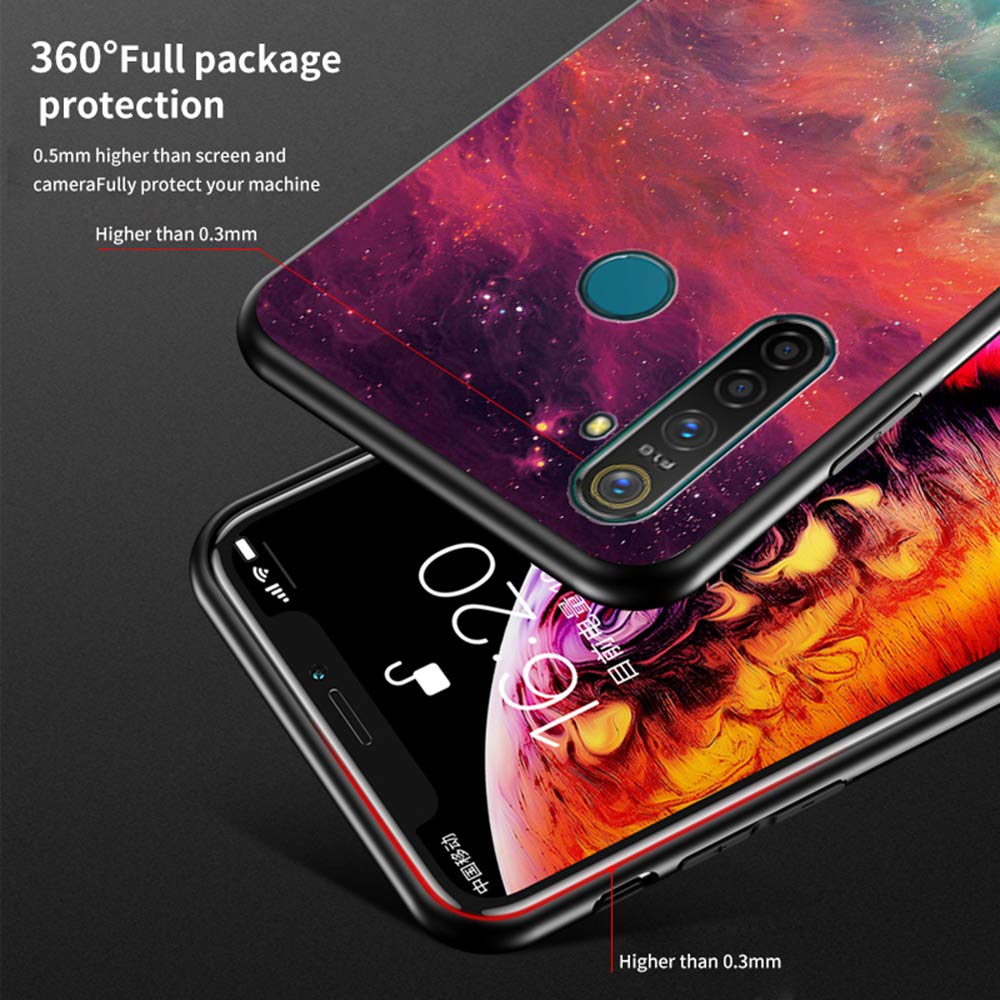 BRAND SET Custodia per Oppo Realme 5 PRO Antiurto Cielo Stellato Viola Modello Cover Posteriore in Vetro Temperato Morbido TPU Bordo in Silicone Bumper Case Protettiva-MHXK