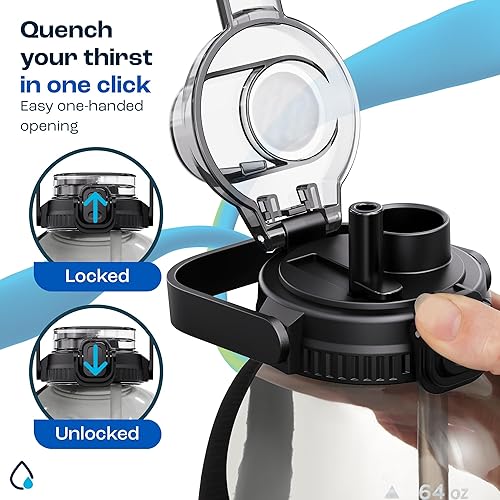 Miniatura 7 de AQUAFIT Botella de agua de 64 onzas con marcador de tiempo, tapa de popote y pico 2 en 1, botella de agua grande sin BPA con popote, botella de agua