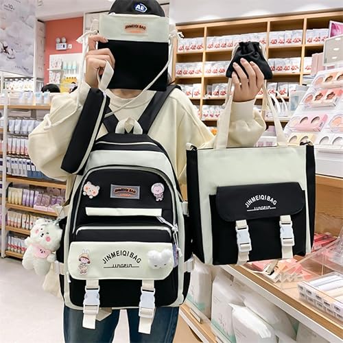 Miniatura 2 de MIFJNF Mochila kawaii de 5 piezas para la escuela, mochila estética kawaii, suministros escolares Kawaii, conjunto de mochila con accesorios, Negro -