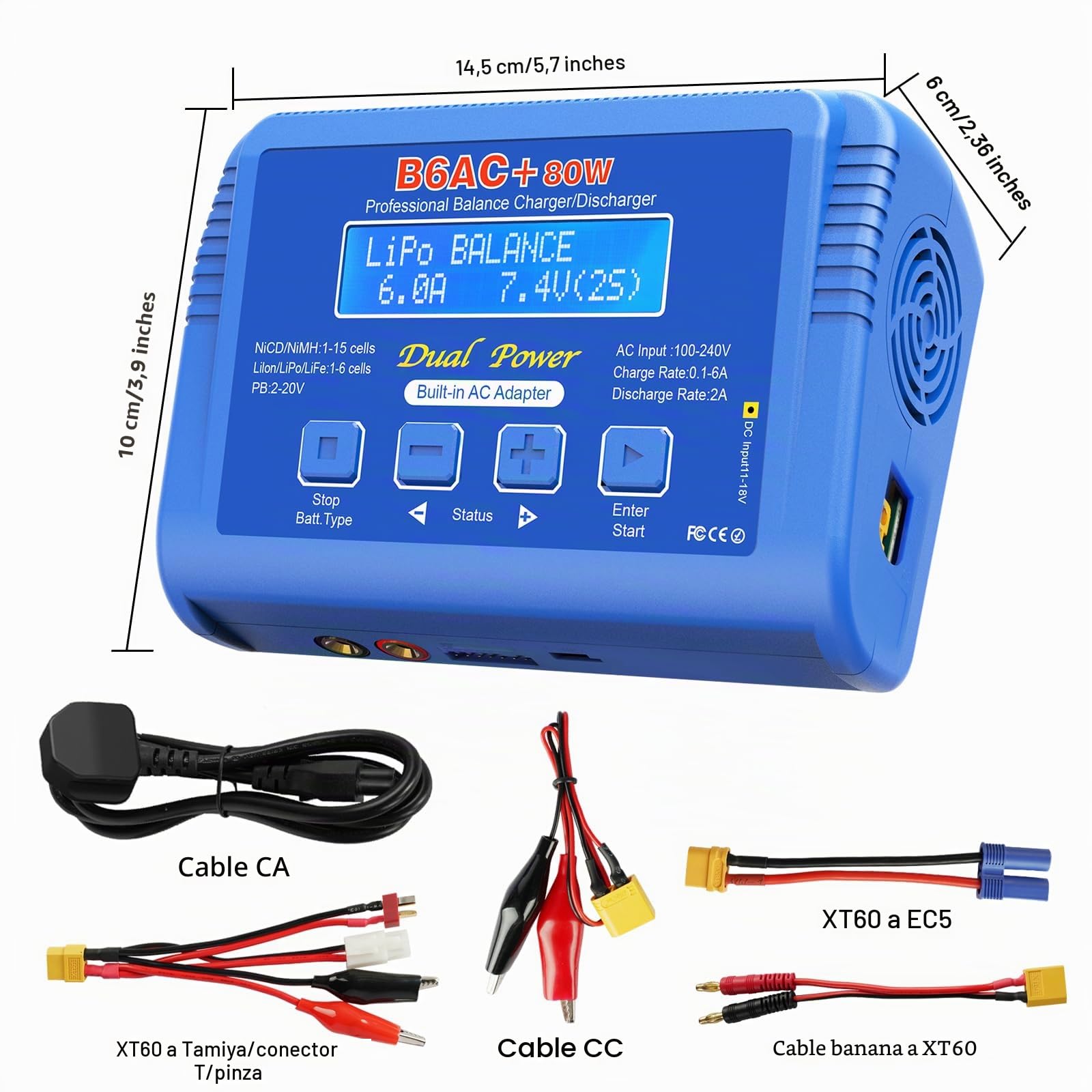 Lipo - Cargador RC 80W 6A para LiPo/Li-Ion/Life/LiHV (1-6S), NiMH/NiCd(1-15S), PB (2-20V), RC Balance Charger con XT60/T Plug/Tamiya/EC5/Cocodrilo Clip