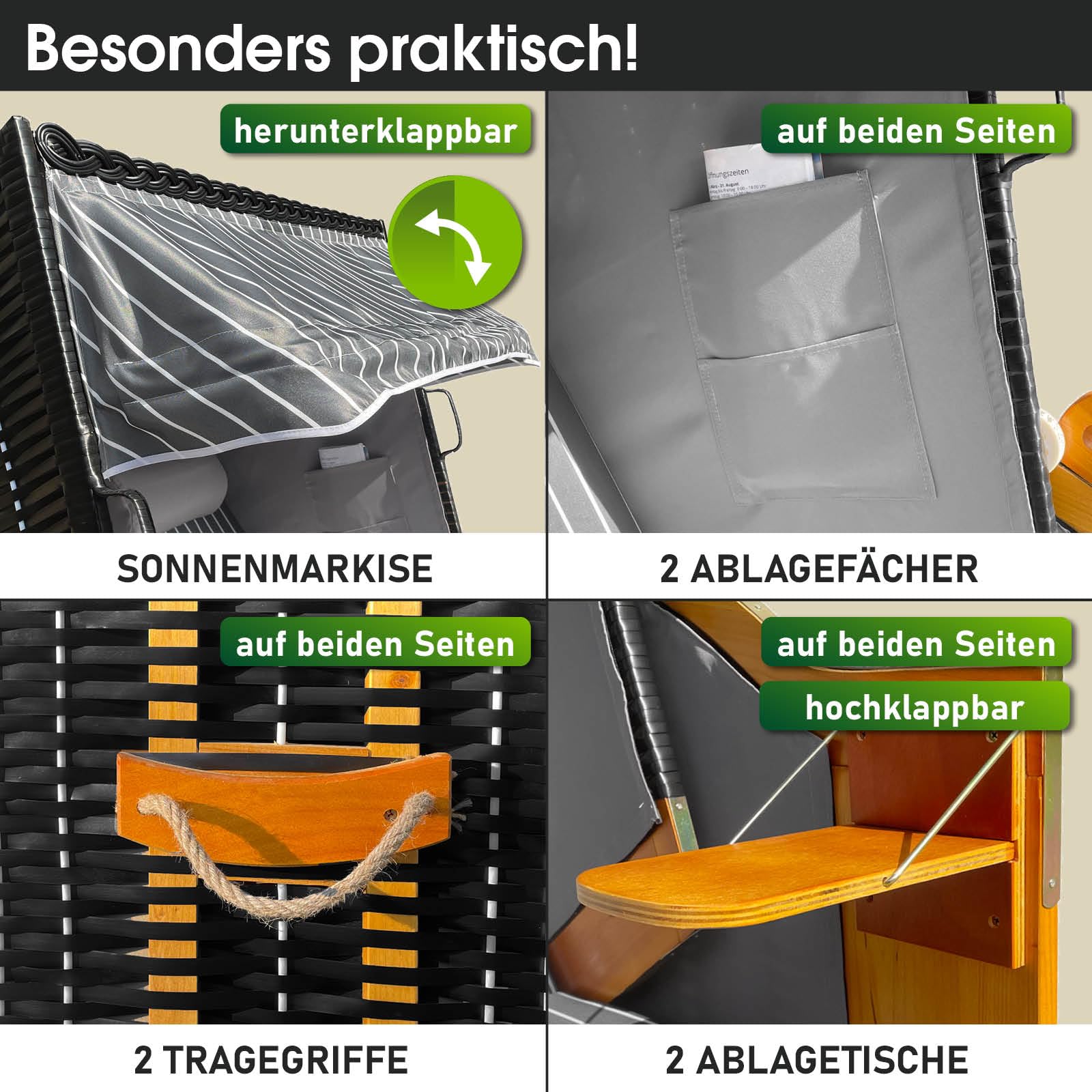 BRAST Strandkorb Rügen Deluxe | für 2 Personen | 120cm breit | 5 Designs | inkl. wetterfeste Abdeckhaube | verstellbare Rückenlehne weiches Fußkissen | Anthrazit/Weiß - Nadelstreifen