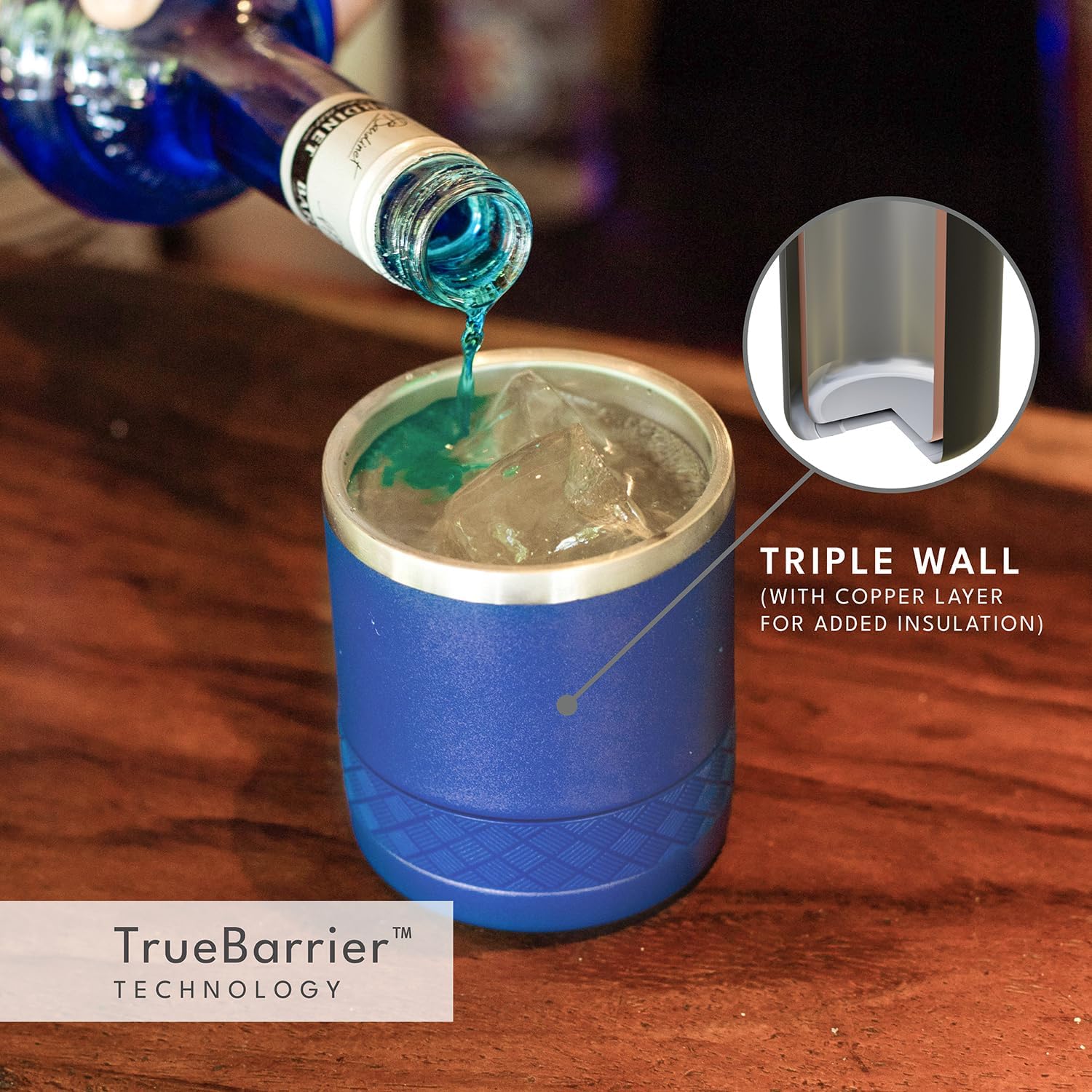 Elemental Recess Lowball Tumbler, 10oz Triple Wall Stainless Steel Cup with Non-Shattered Tritan Lid, Insulated Whiskey Glass, Insulated Coffee Tumbler Mug for Hot & Cold Drinks - Royal Blue - Image 3