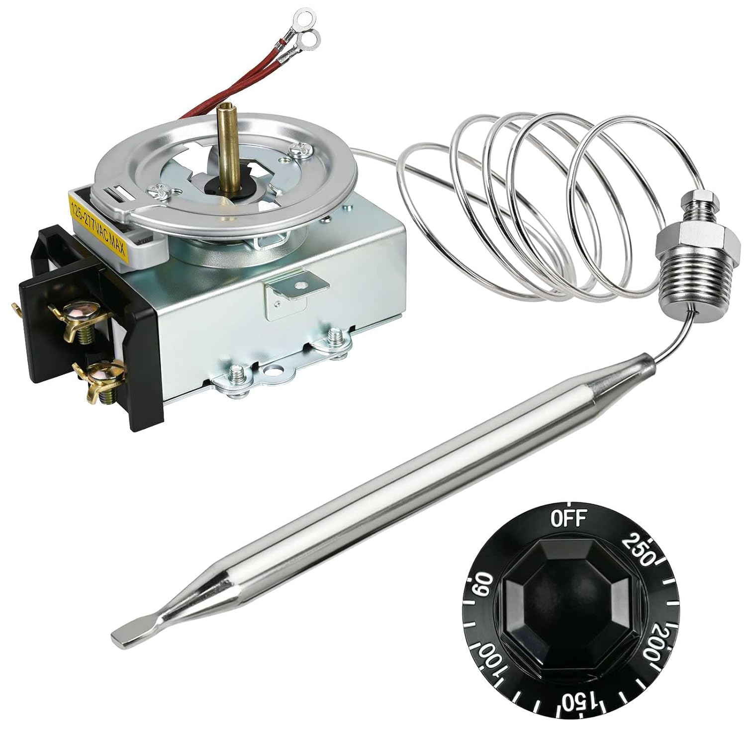 Universal Thermostat Fit for Most Steam Table, Buffet Table Temperature Range 60°F~250°F, 30A RES 125-277VAC, 3/8" X 4-1/2"Bulb, Temp Controller Replacement Part