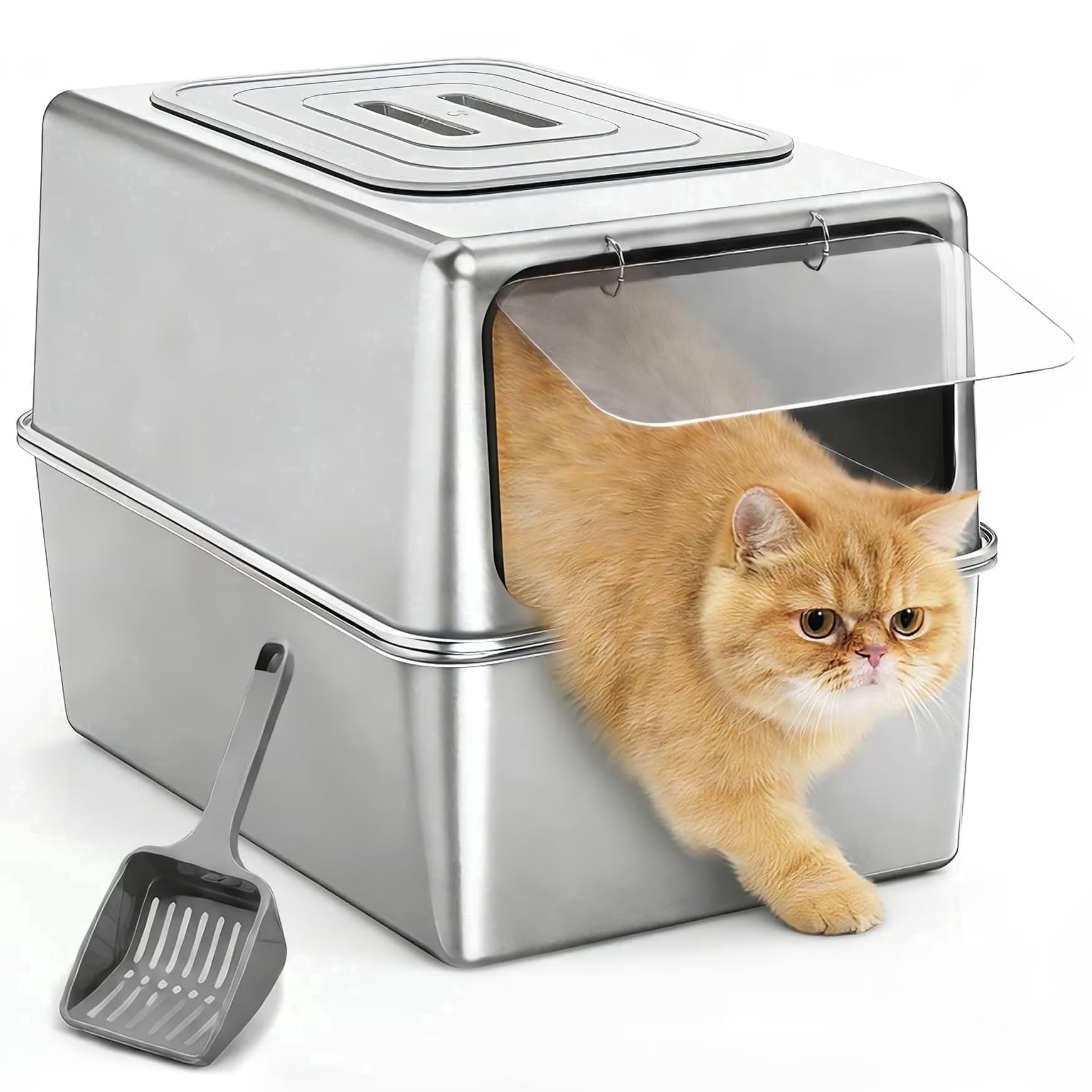 Barhon Edelstahl Katzenklo mit Deckel XL, Geschlossene Katzentoilette für Große Katzen, Geruchsneutralisierend & Auslaufsicher, Hop In Katzenklo Oben Einstieg mit Schaufel, 60 x 40x 35 cm