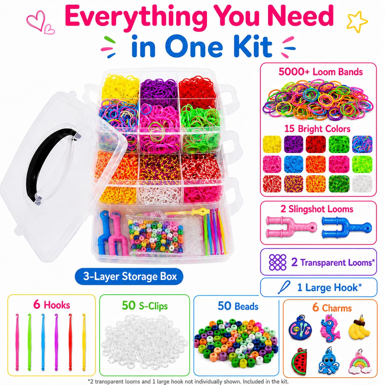 ONECK Elastico Bands Kit 4500 Elastici e Accessori DIY Elastici Colorato Nastri Box per Lavorare a Maglia Giocattolo per bracciali Collana per Bambini