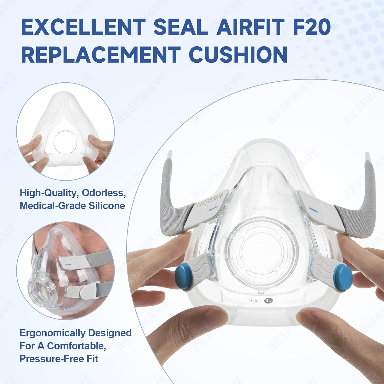Replacement Cushion Set Compatible with AirFit F20 with Headgear Frame and Clips, Comfortable Fit Reliable Seal Full Face Masks Accessories Supplies (Large)