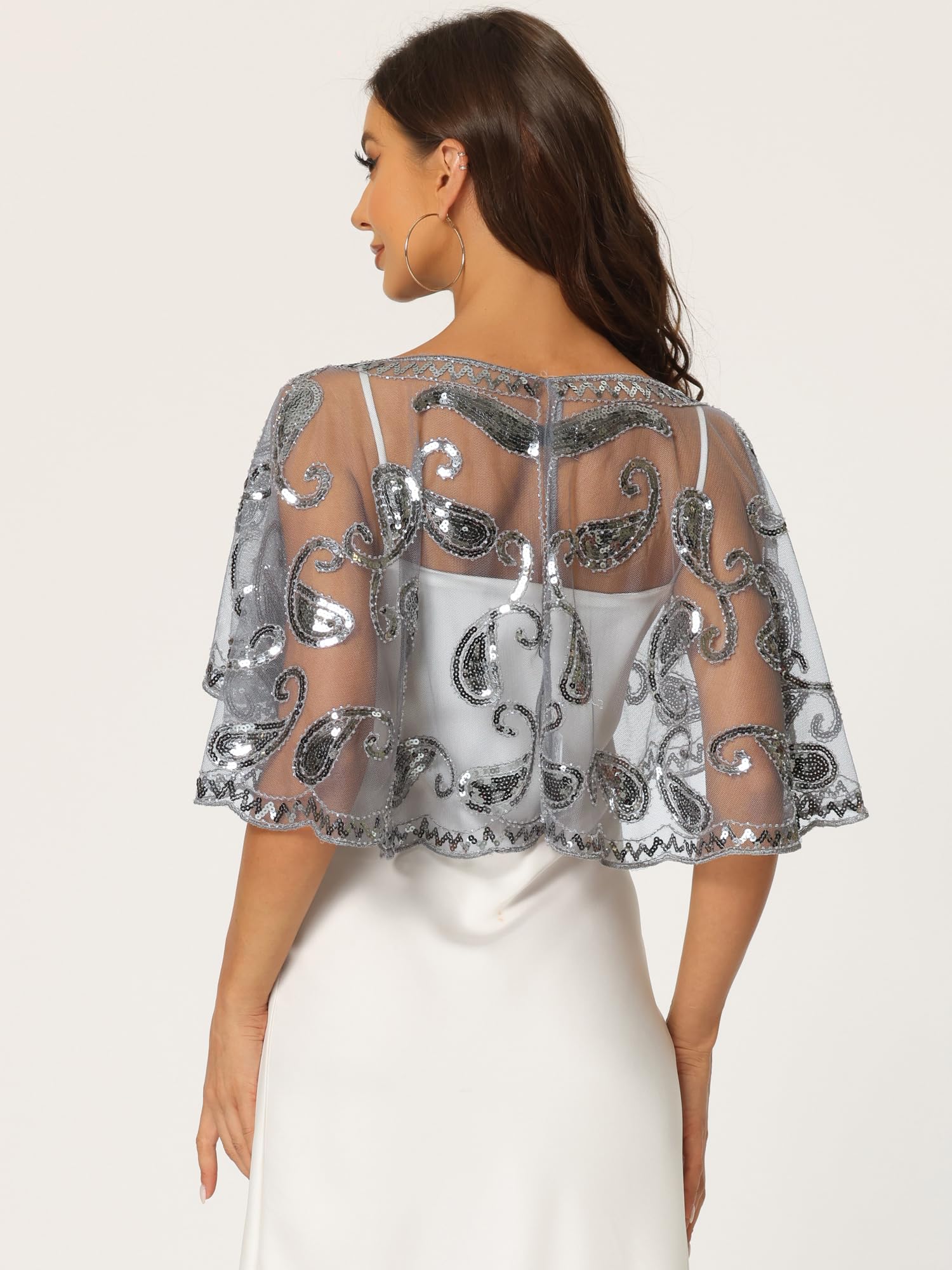 Allegra K Women's 1920s Shawl Wraps Sequin Beaded Bridal Cover Up Evening Cape Flapper Bolero Medium Gray - Image 4
