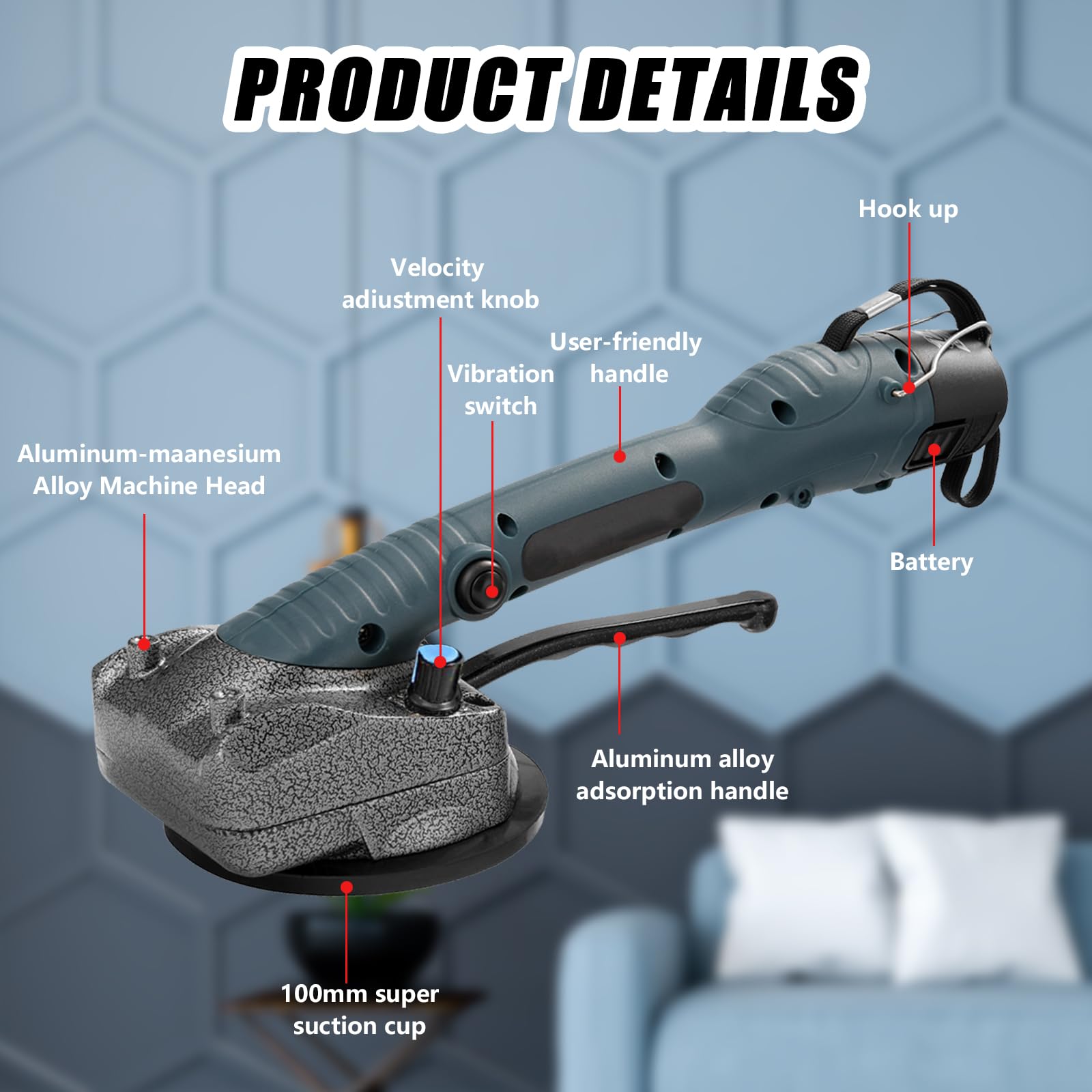 Fliesenleger Maschine, Elektrische Fliesen Vibrator Mit 105x105mm Saugnapf 5 Gänge Einstellbar Automatische Nivellierung 60kg Aufnahmekapazität Fliesenleger Maschine Geeignet für 0,3-0.8m Fliesen