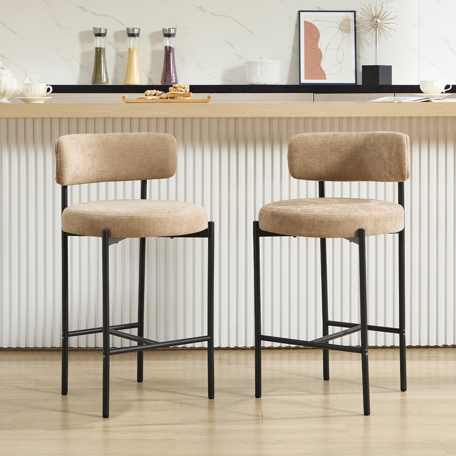 Set di 2 Sgabelli da Bar in Chenille Stile industriale Cachi