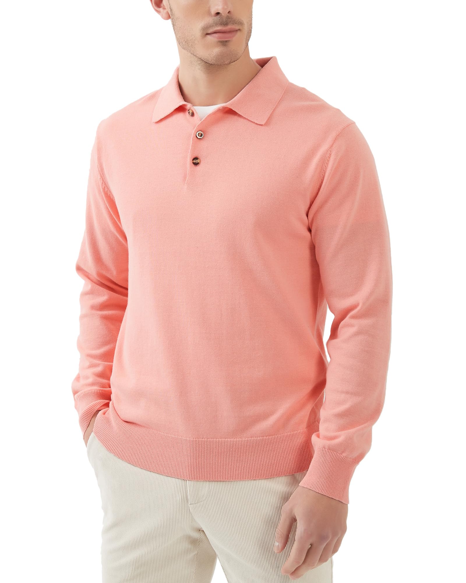 Kallspin Mens 100% Cotton Polo Sweater Long Sleeve Button Down Knit Pullover Relaxed Fit Collared Casual Tops