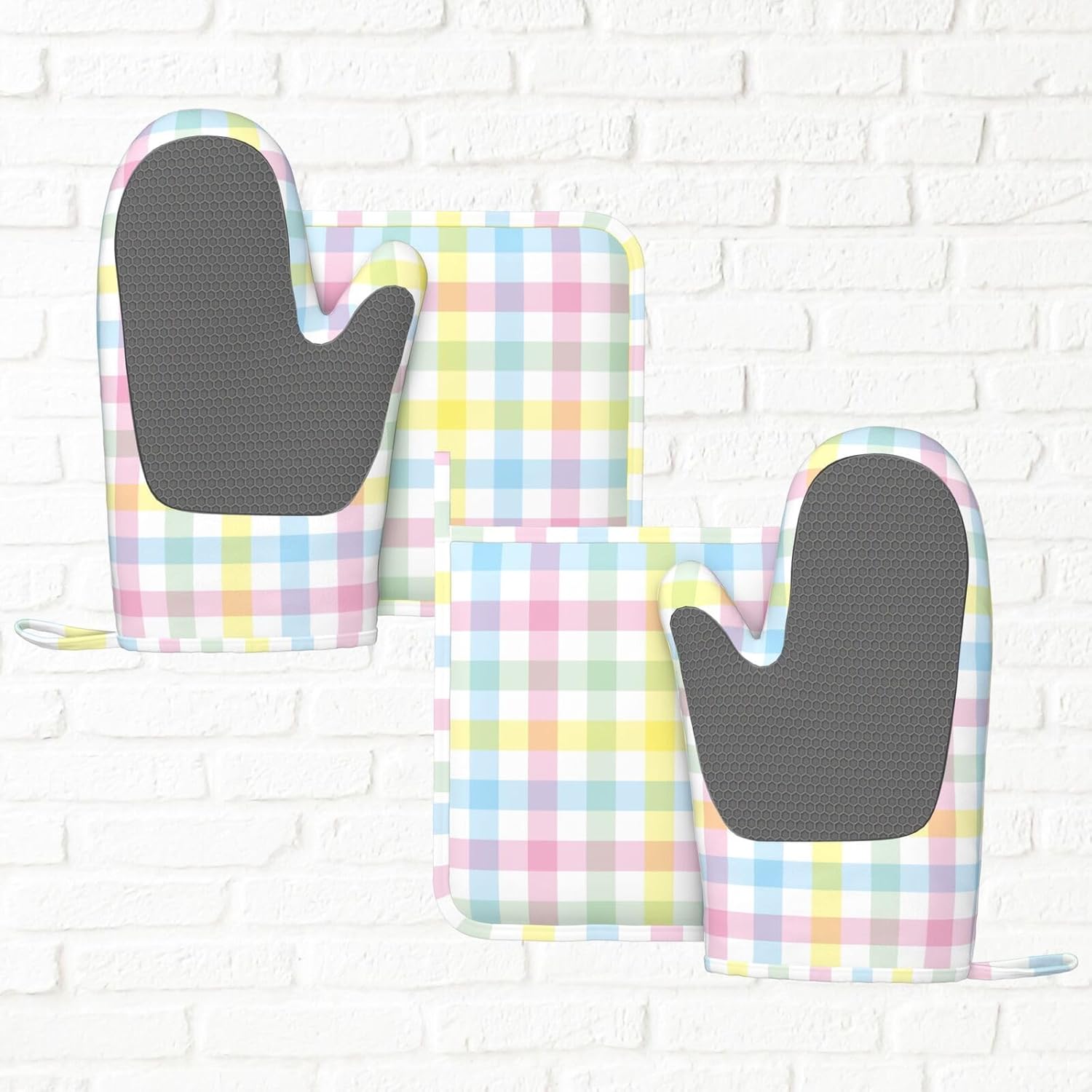 Pretty Pastel Checkered Stripe Elegant Oven Mitts and Pot Holders Set of 4 Silicone Heat Resistant Oven Mitten Potholders Non Slip Gloves Kitchen Decor for BBQ Cooking Grilling Baking - Image 5