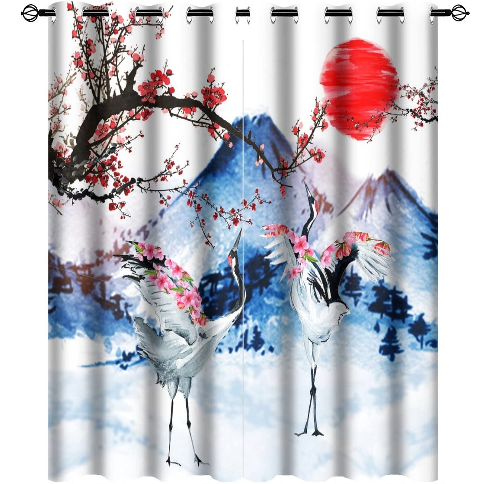 Japanese Crane Blackout Curtains - Watercolor Japanese Landscape Mount Fuji Red Sun Cherry Blossom Grommet Window Curtain Set Energy Saving Thermal