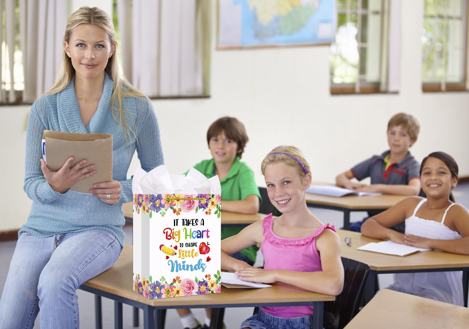 WhatSign Teacher Appreciation Gift Bags - 11.5" Teacher Retirement Gift Bag with Handle Thank You Teachers End of Year Teachers Gifts Wrap Bags with Tissue Paper