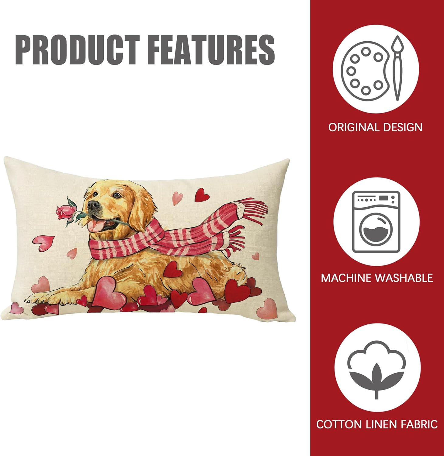 Fahrendom Valentine's Day Lumbar Decorative Rectangle Pillow Cover 12x20, Golden Retriever Dog Puppy Red Love Heart Porch Patio Outdoor Pillowcase, Anniversary Wedding Holiday Cushion Case Home Decor - Image 3